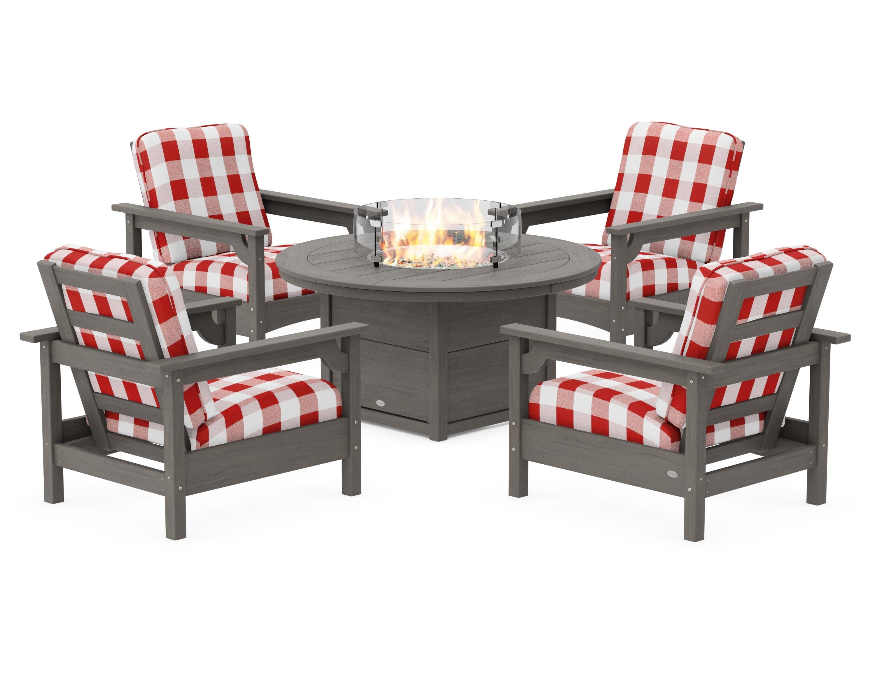Club 5-Piece Conversation Set with Fire Pit Table in Driftwood / Buffalo Plaid Crimson