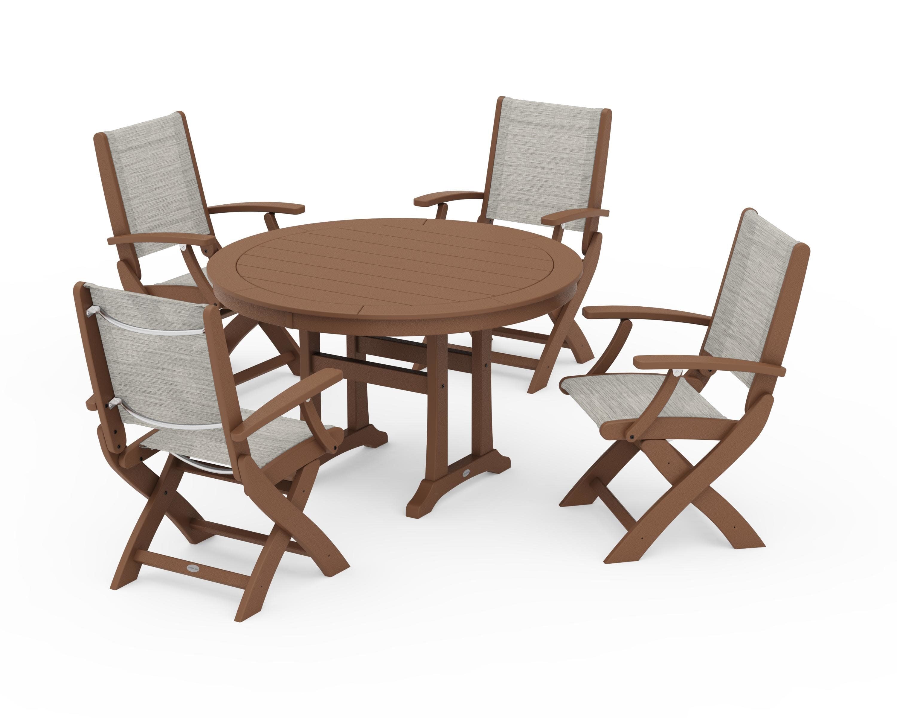 Coastal Folding Chair 5-Piece Round Dining Set with Trestle Legs in Teak / Birch Sling