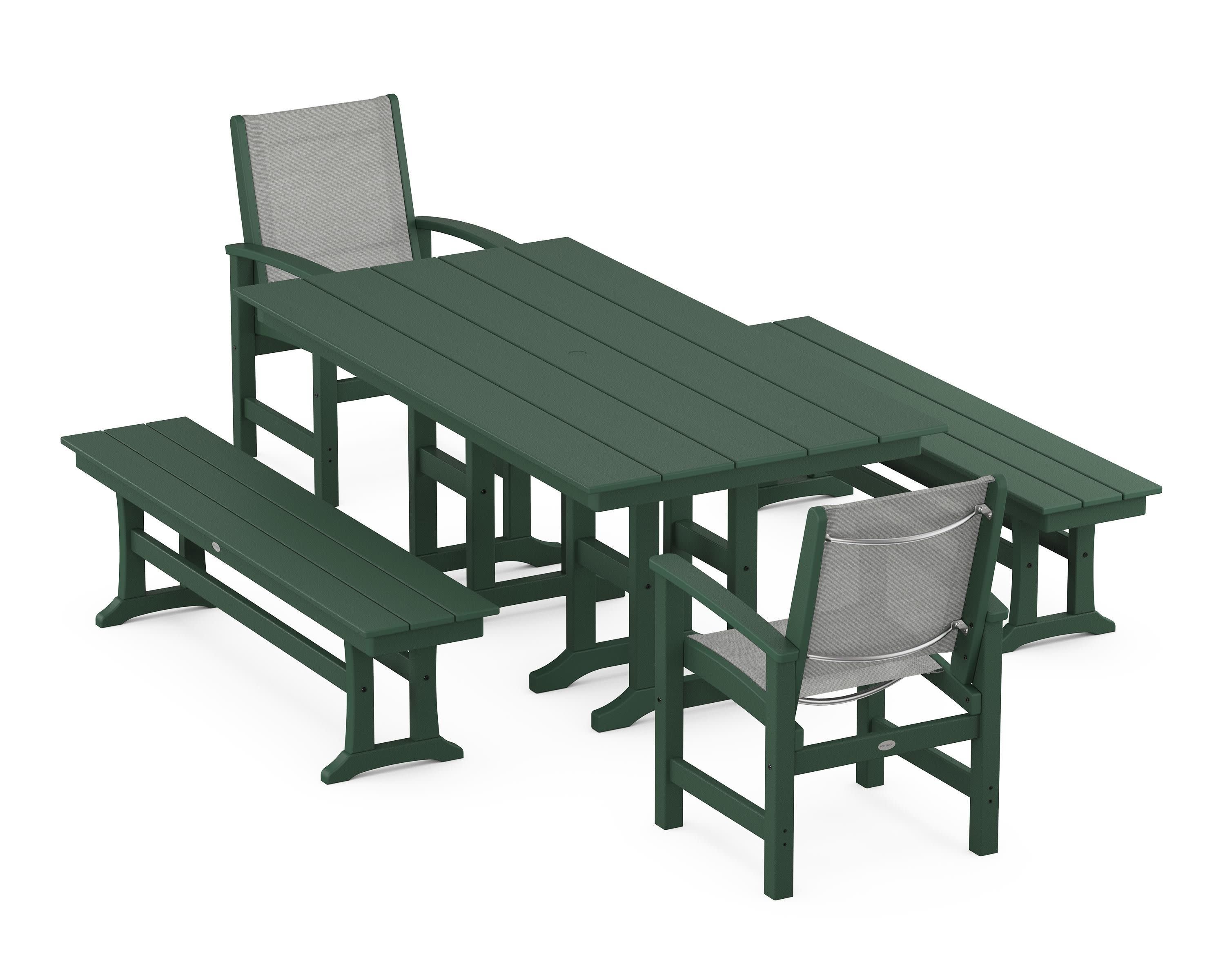 Coastal 5-Piece Farmhouse Dining Set in Green / Metallic Sling
