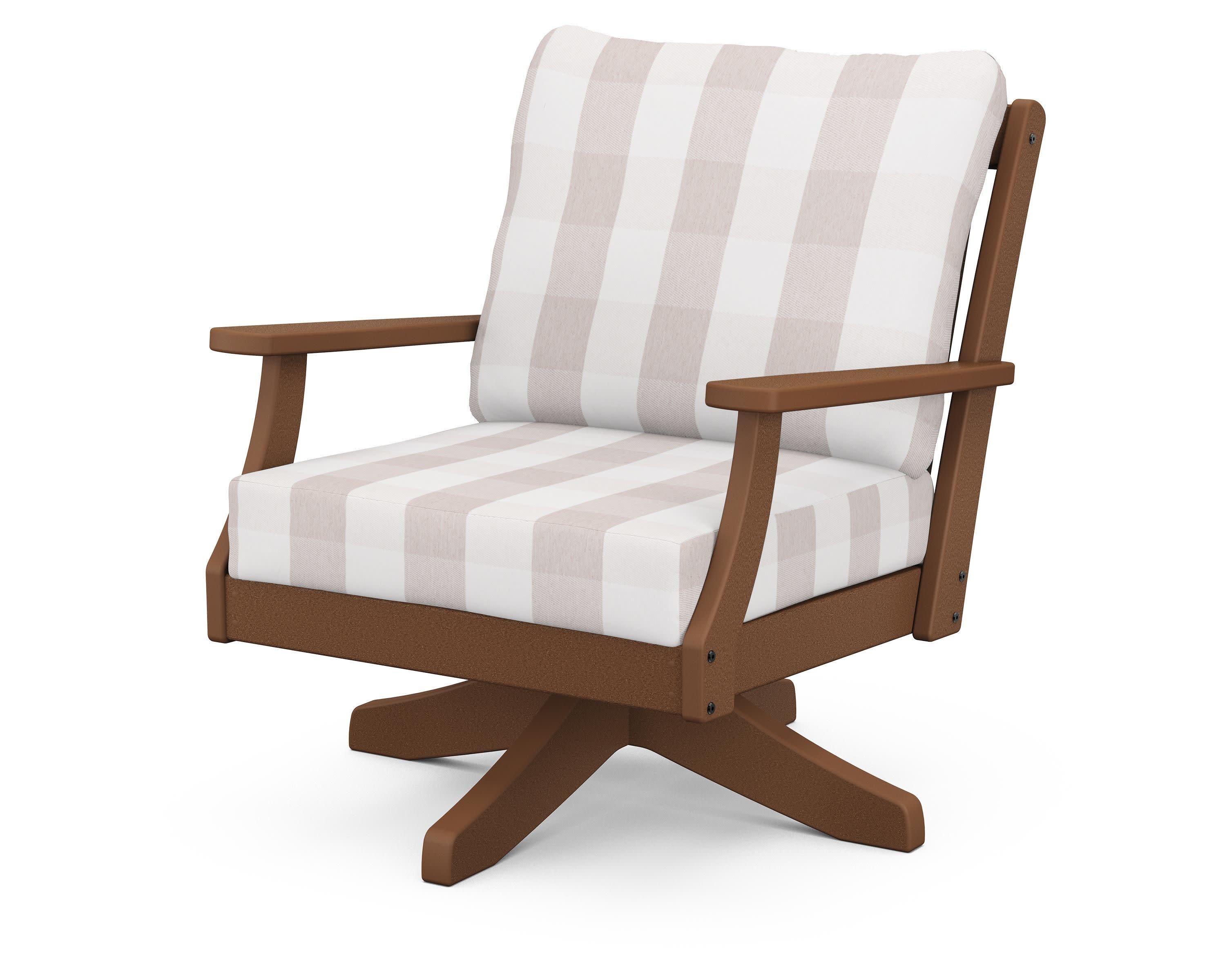 Braxton Deep Seating Swivel Chair in Teak / Buffalo Plaid Dune Burlap