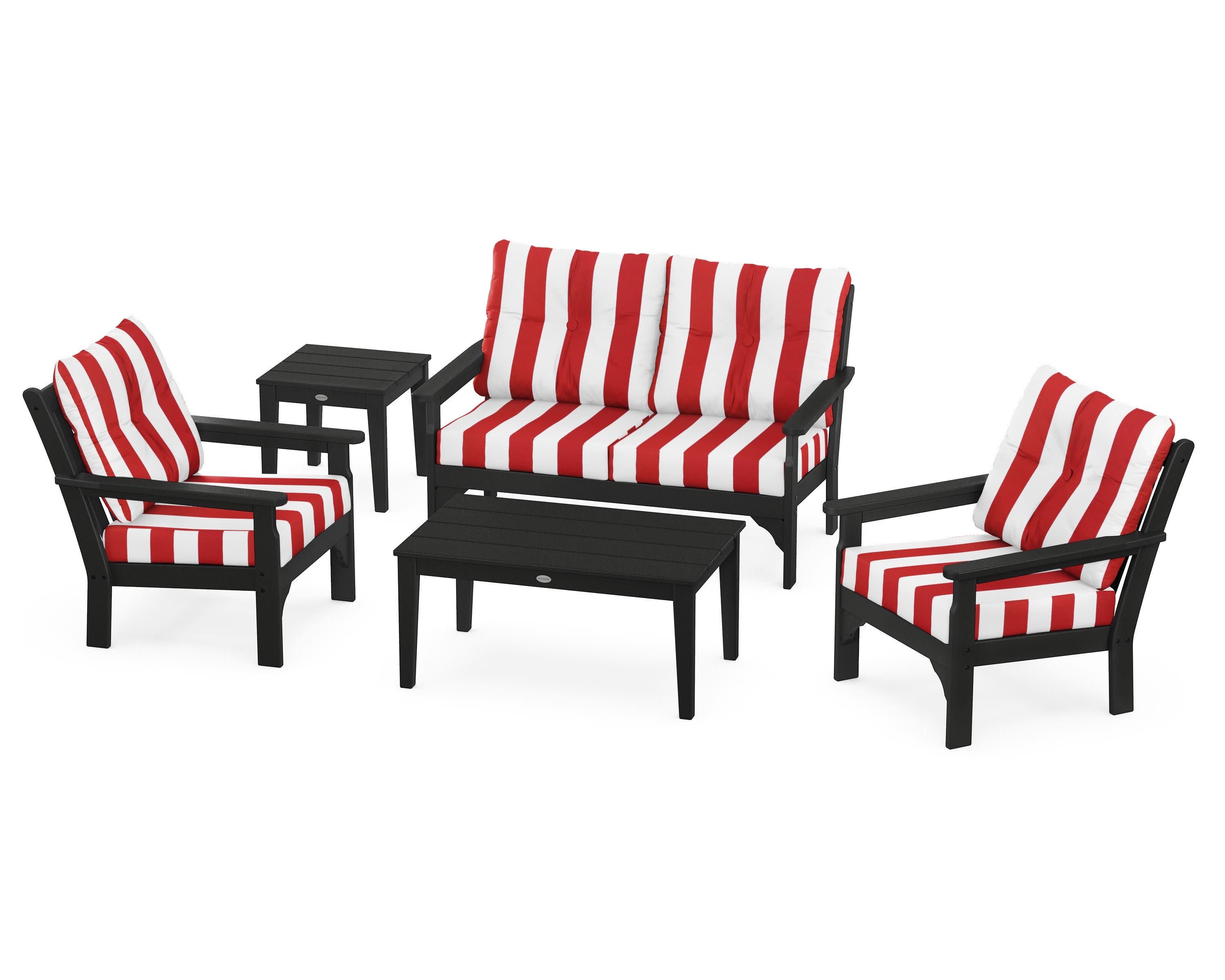 Vineyard 5-Piece Deep Seating Set in Black / Cabana Stripe Crimson