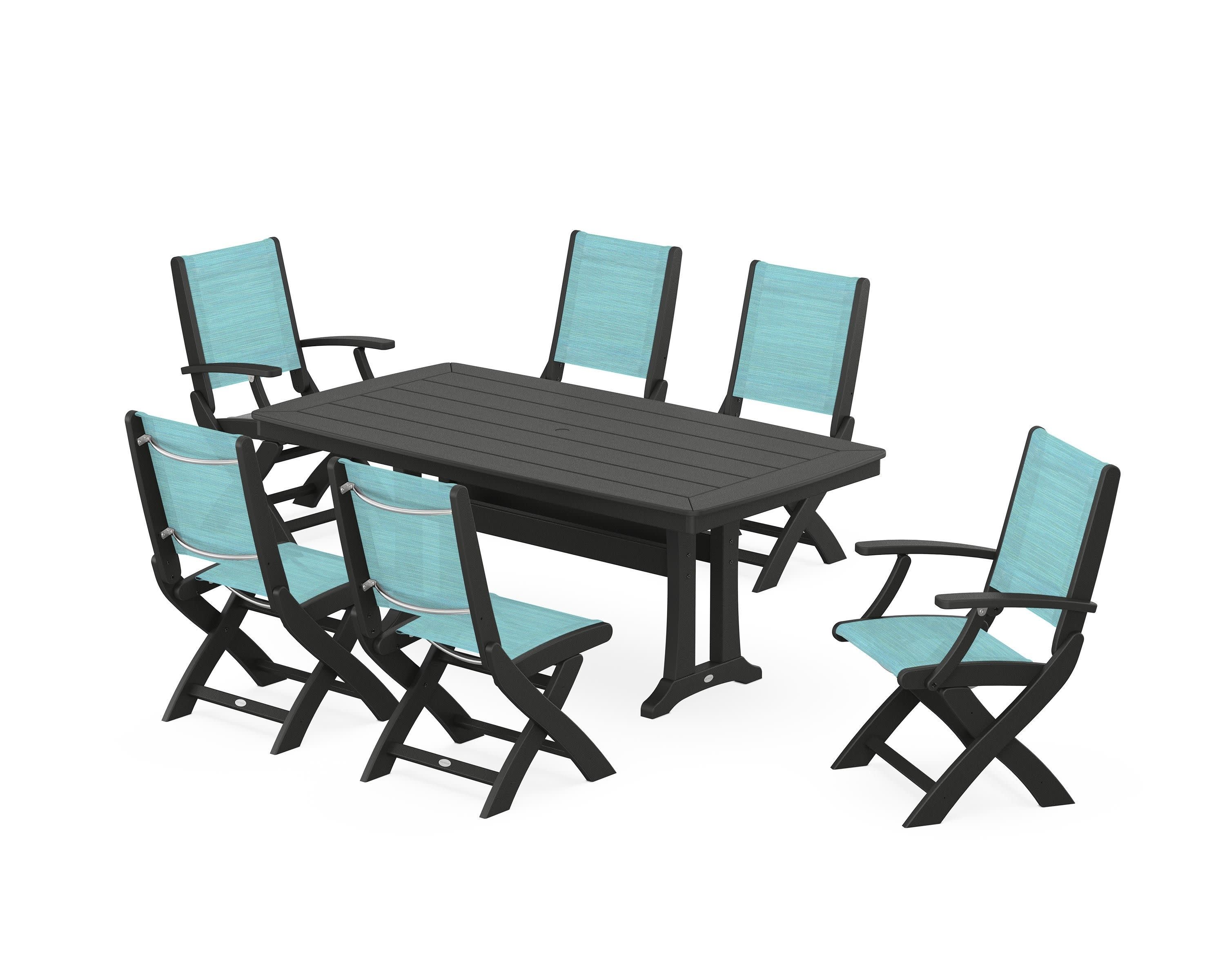 Coastal Folding Chair 7-Piece Dining Set with Trestle Legs in Black / Dupioni Aquamarine Sling