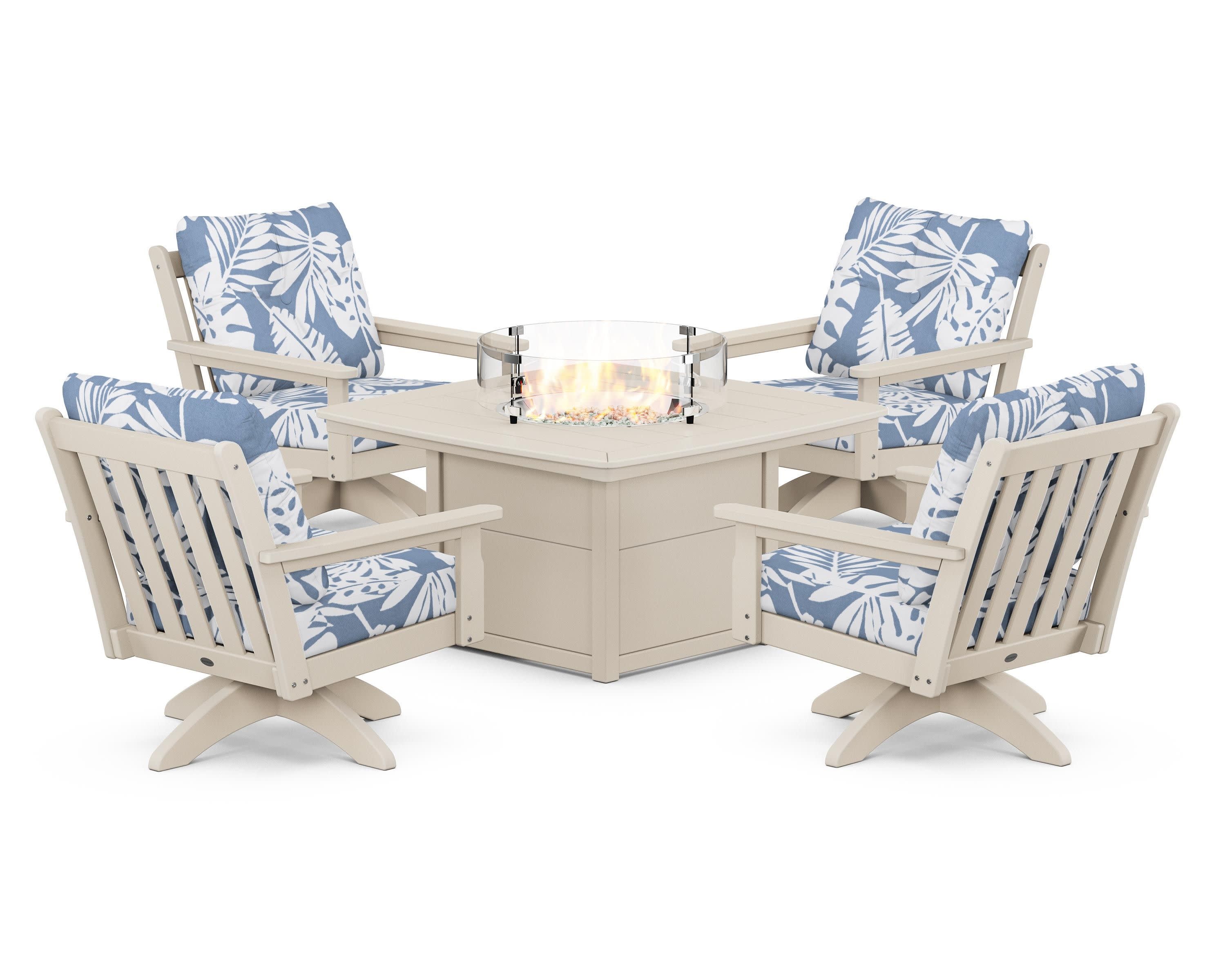 Vineyard 5-Piece Deep Seating Swivel Conversation Set with Fire Pit Table in Sand / Leaf Sky Blue