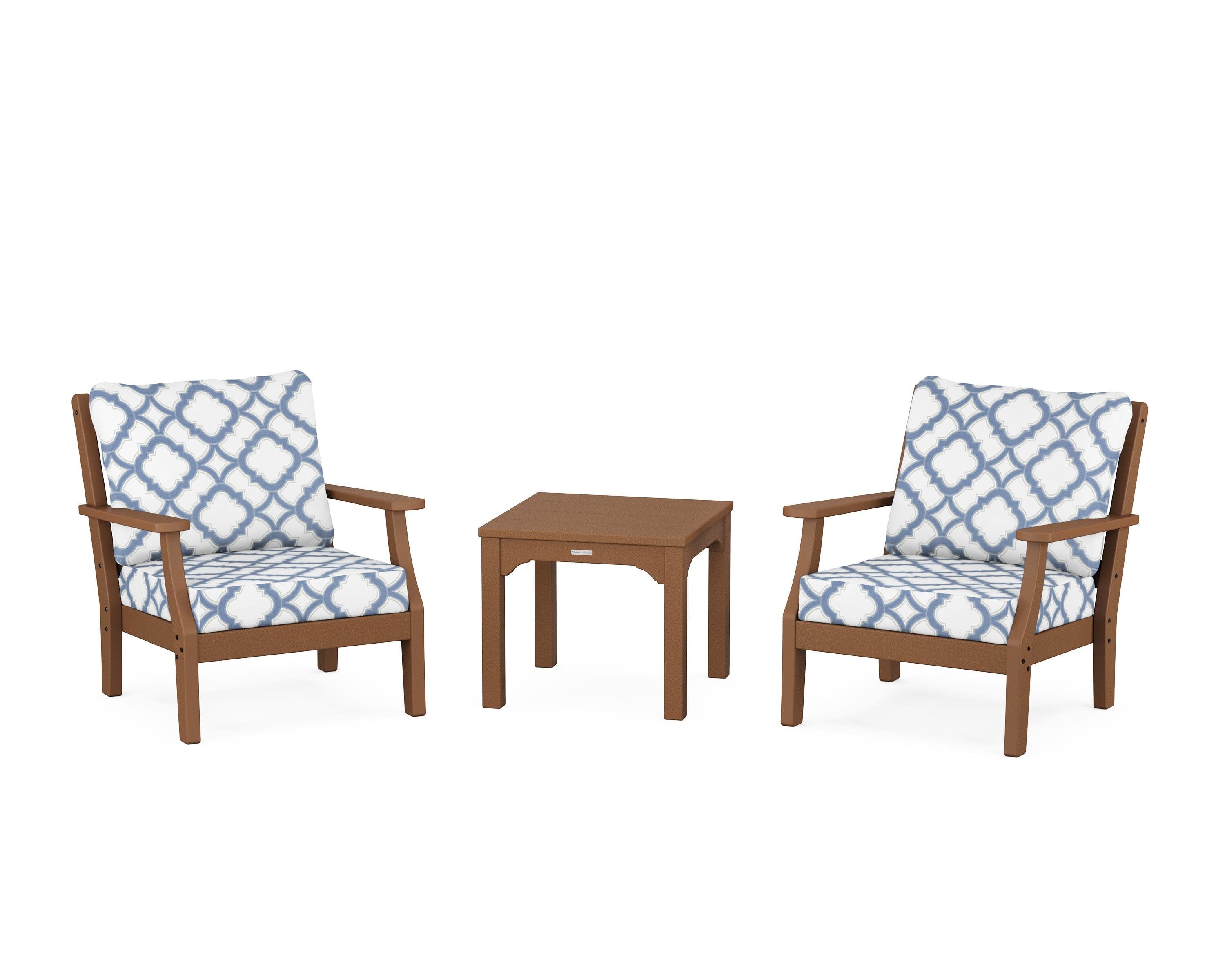 Chinoiserie 3-Piece Deep Seating Set in Teak / Trellis Sky Blue