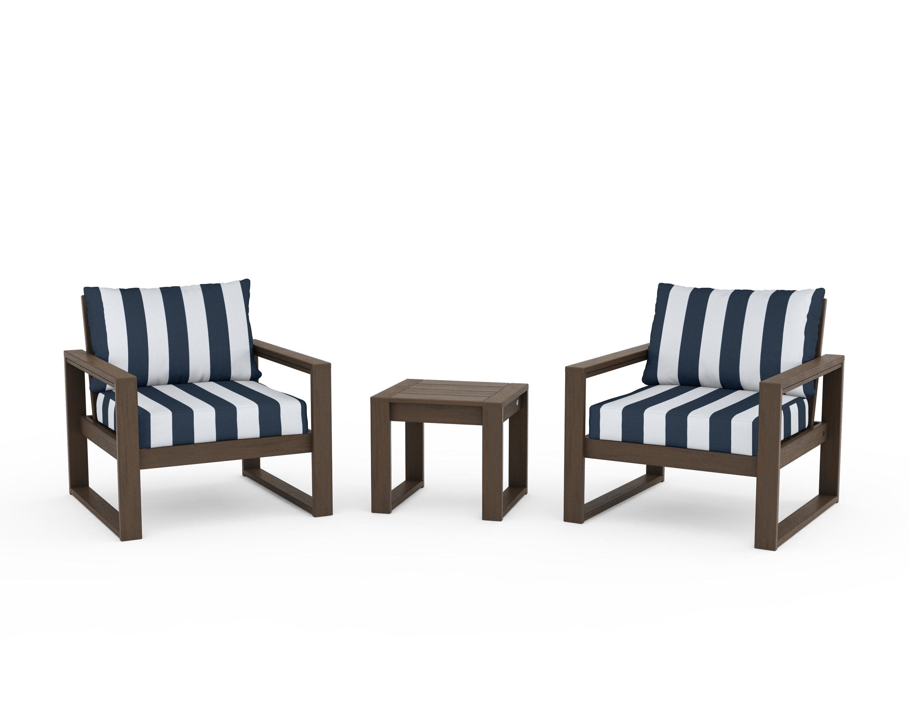 EDGE Sectional 3-Piece Deep Seating Set in Kona / Cabana Stripe Marine Indigo
