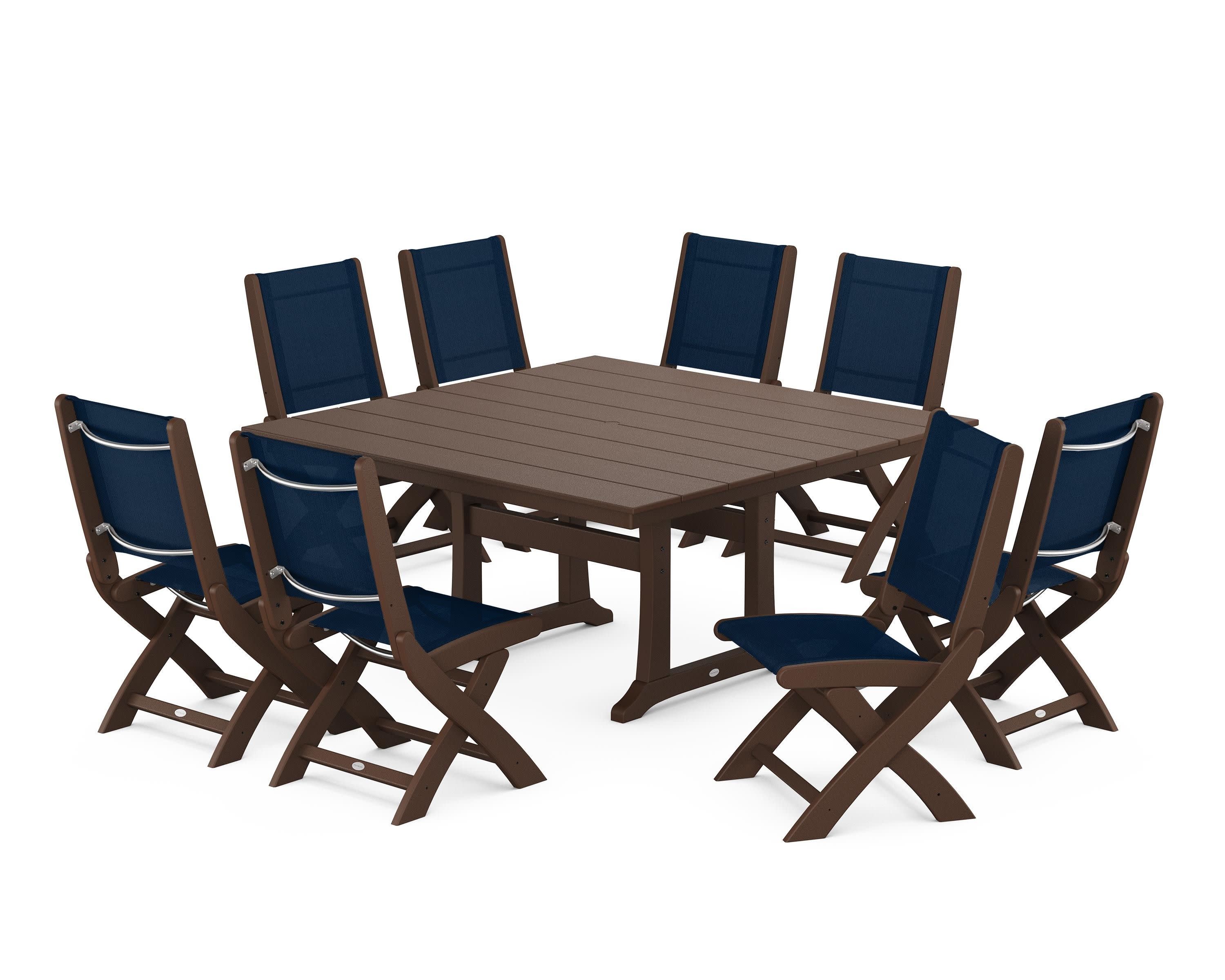 Coastal Folding Side Chair 9-Piece Farmhouse Dining Set in Mahogany / Navy Blue Sling