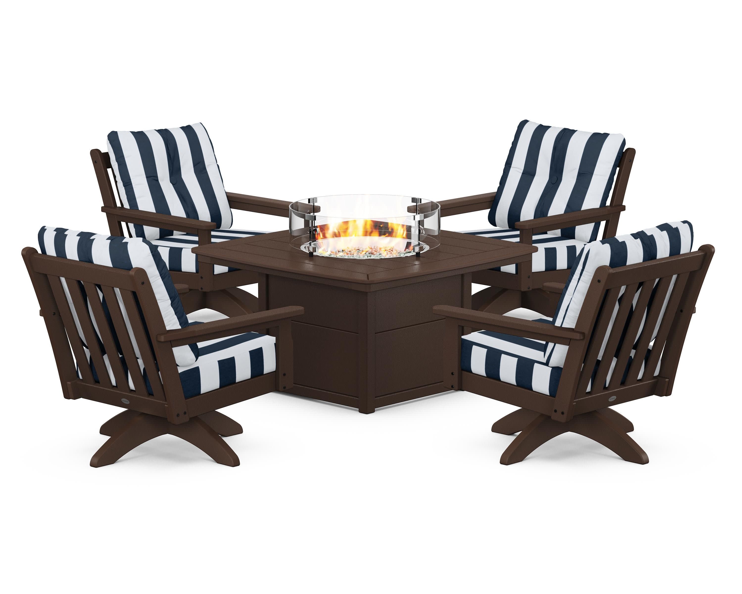 Vineyard 5-Piece Deep Seating Swivel Conversation Set with Fire Pit Table in Mahogany / Cabana Stripe Marine Indigo