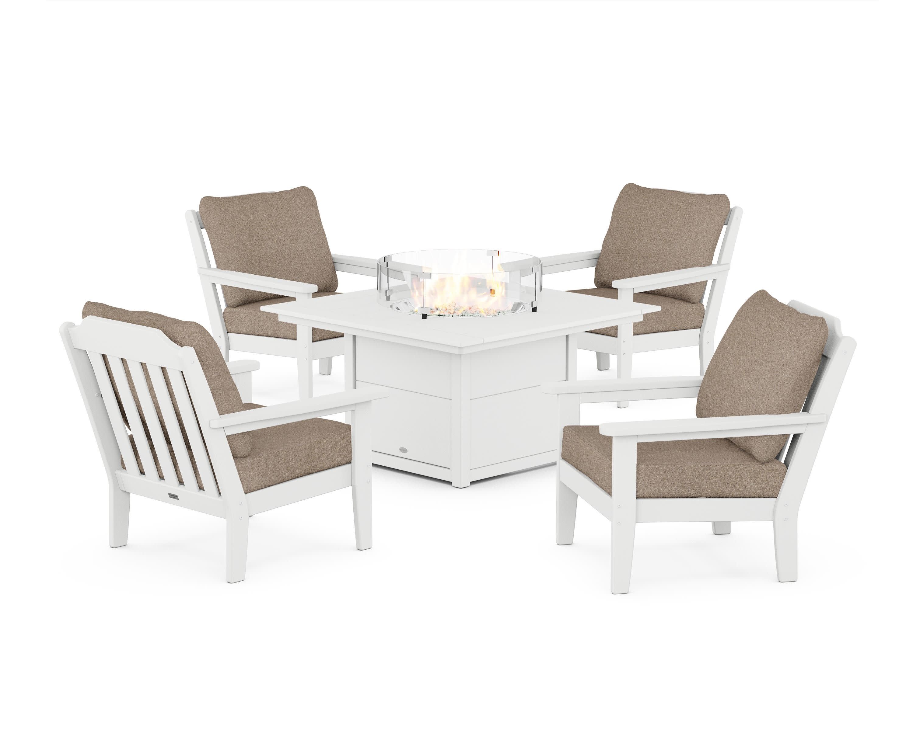 Cottage 5-Piece Deep Seating Set with Fire Pit Table in White / Spiced Burlap