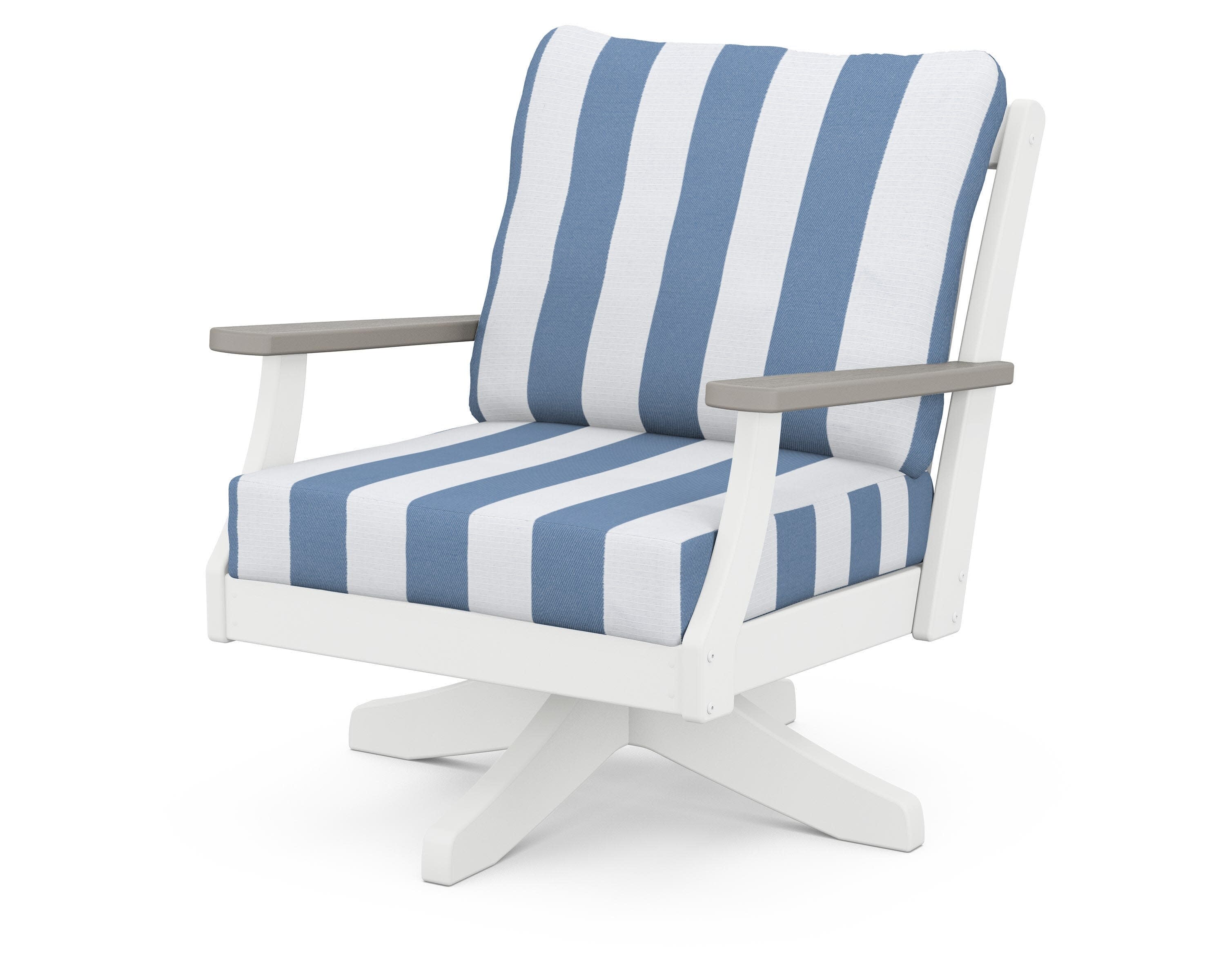 Braxton Deep Seating Swivel Chair in White / Driftwood / Cabana Stripe Sky Blue