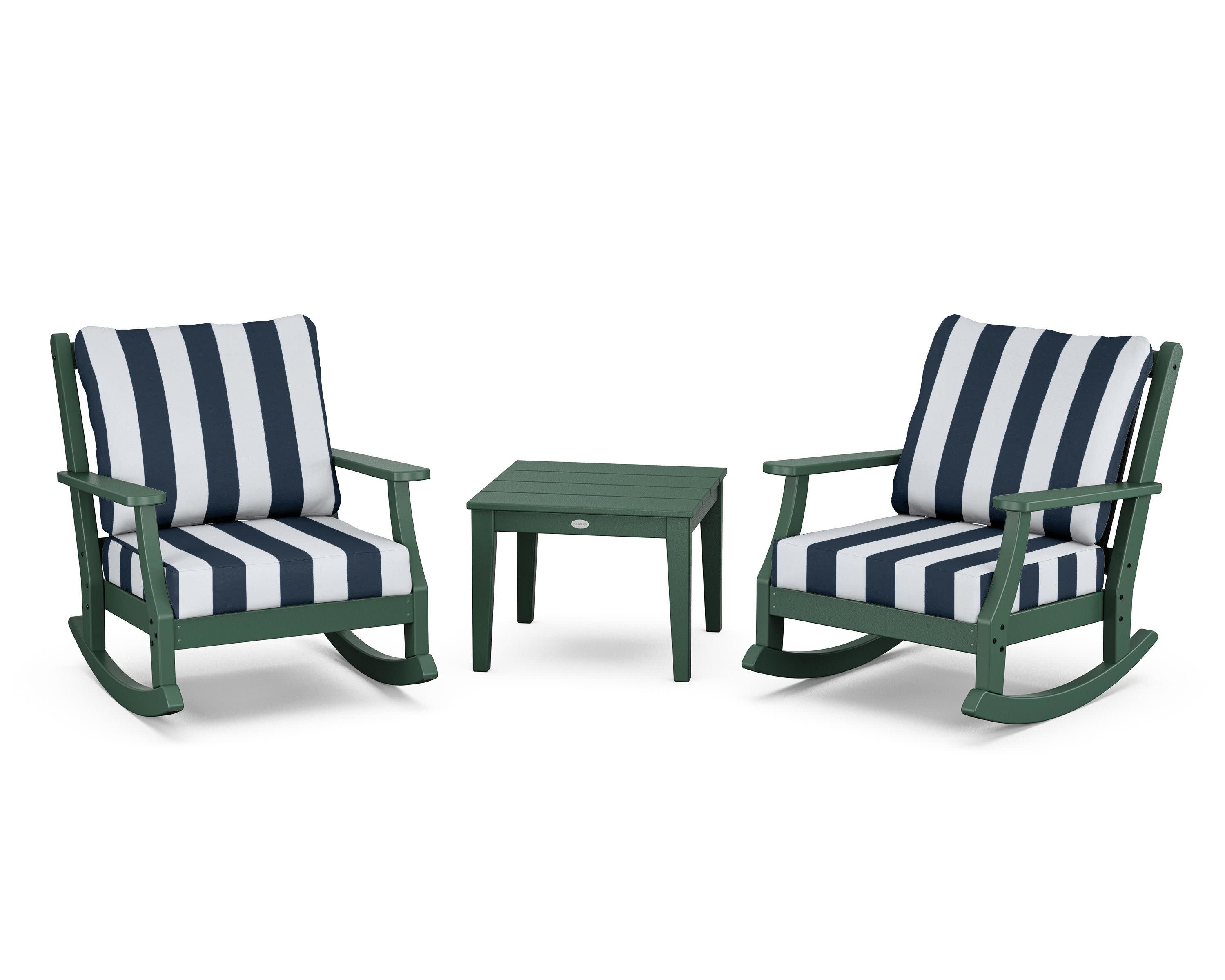 Wovendale 3-Piece Deep Seating Rocker Set in Green / Cabana Stripe Marine Indigo