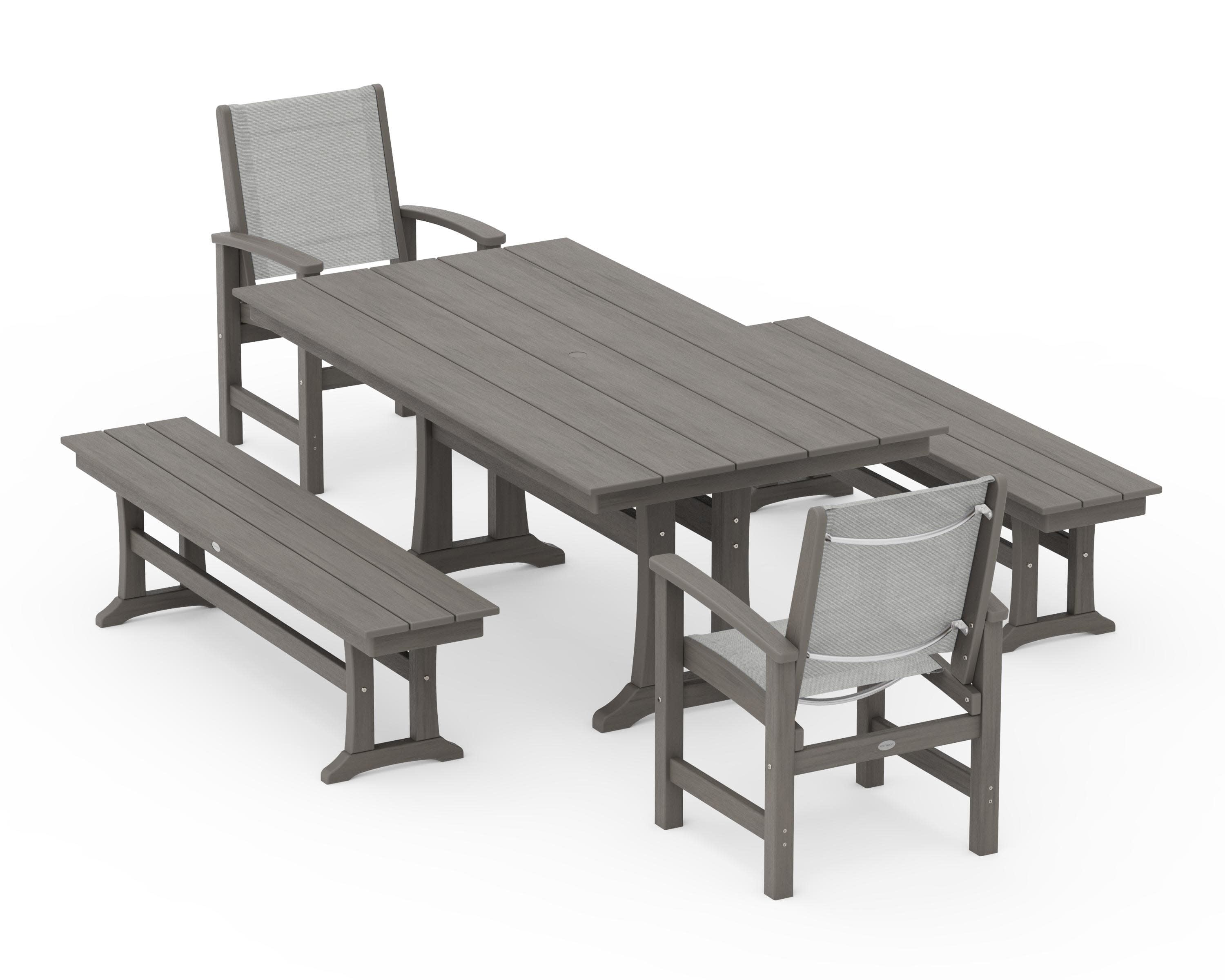 Coastal 5-Piece Farmhouse Dining Set with Trestle Legs and Benches in Driftwood / Metallic Sling