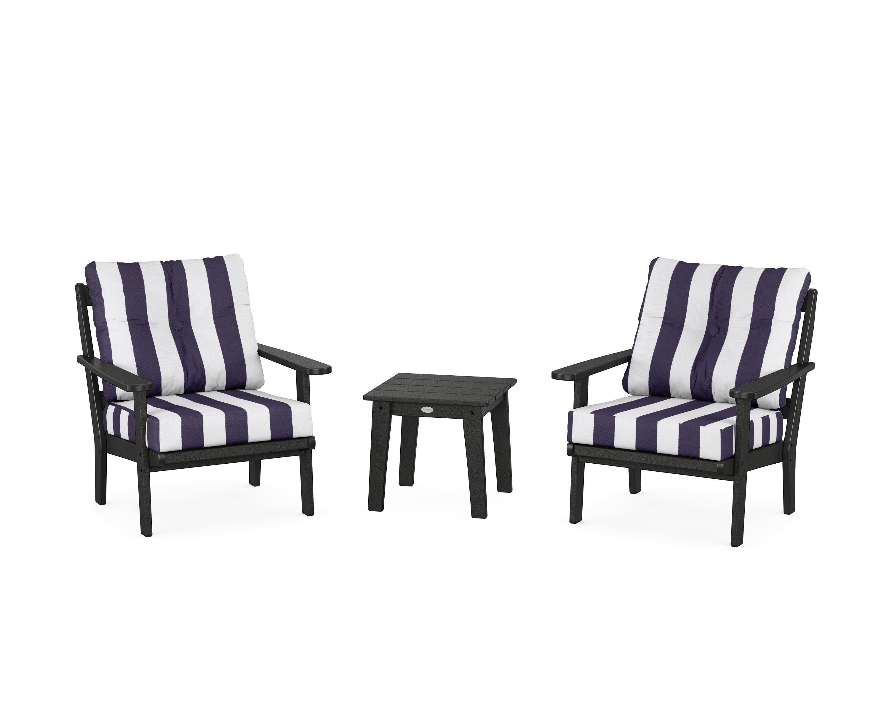 Mission 3-Piece Deep Seating Set in Black / Cabana Stripe Navy