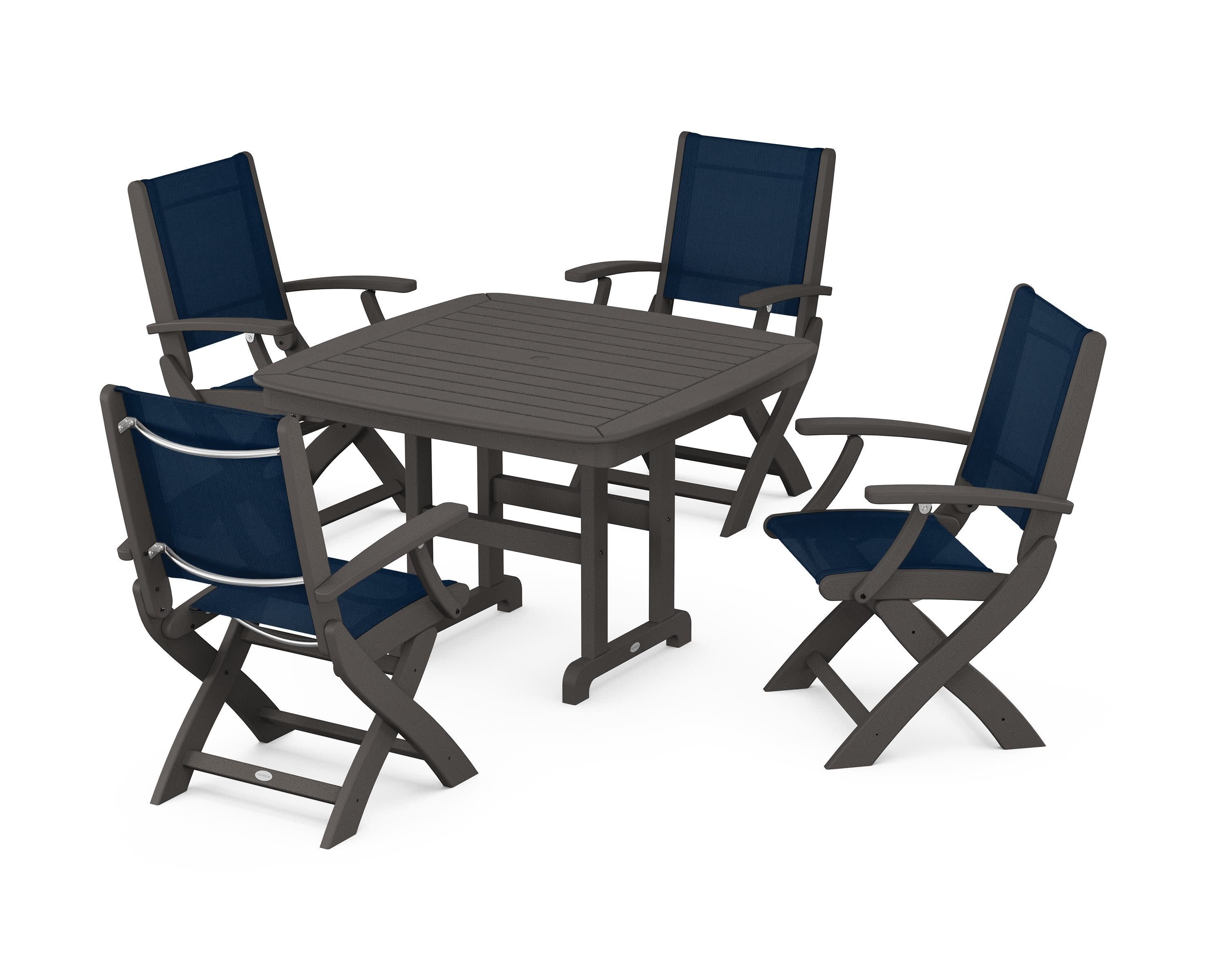 Coastal Folding Chair 5-Piece Dining Set in Vintage Coffee / Navy Blue Sling