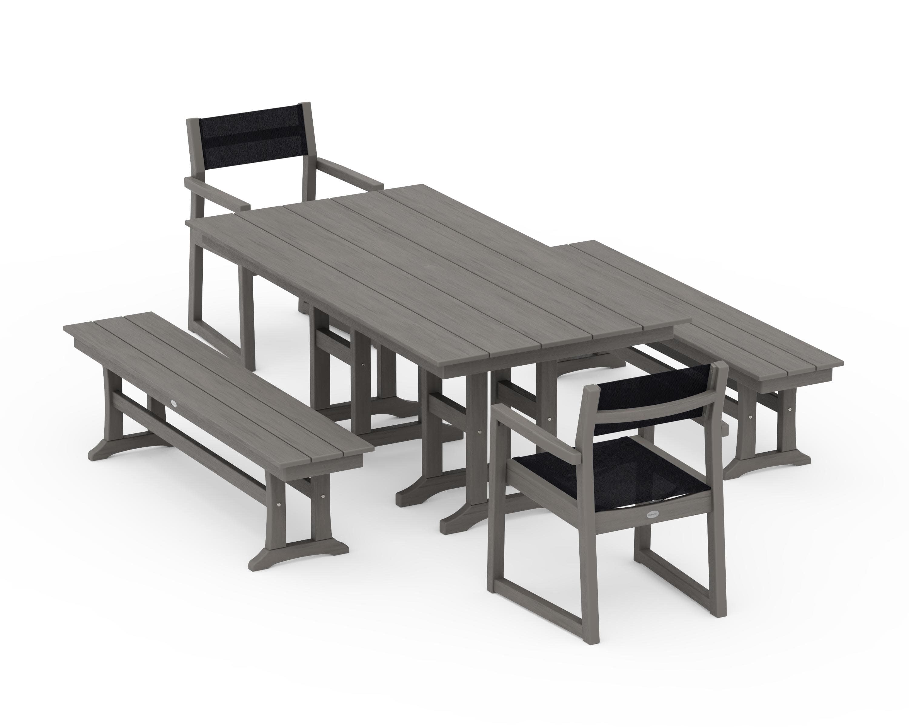 EDGE Sling Arm Chair 5-Piece Farmhouse Dining Set with Benches in Driftwood / Black Sling