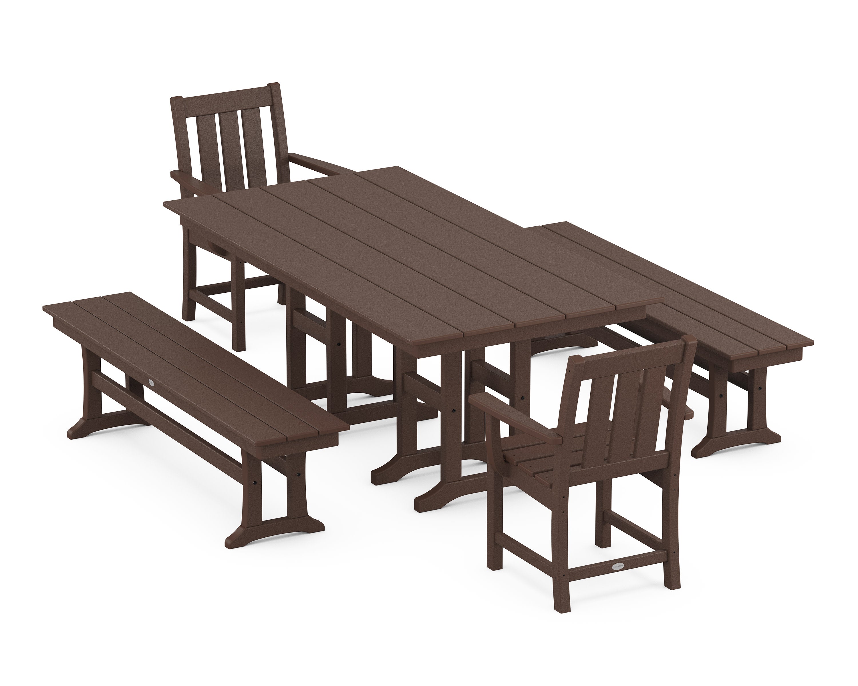 Oxford 5-Piece Farmhouse Dining Set with Benches in Mahogany