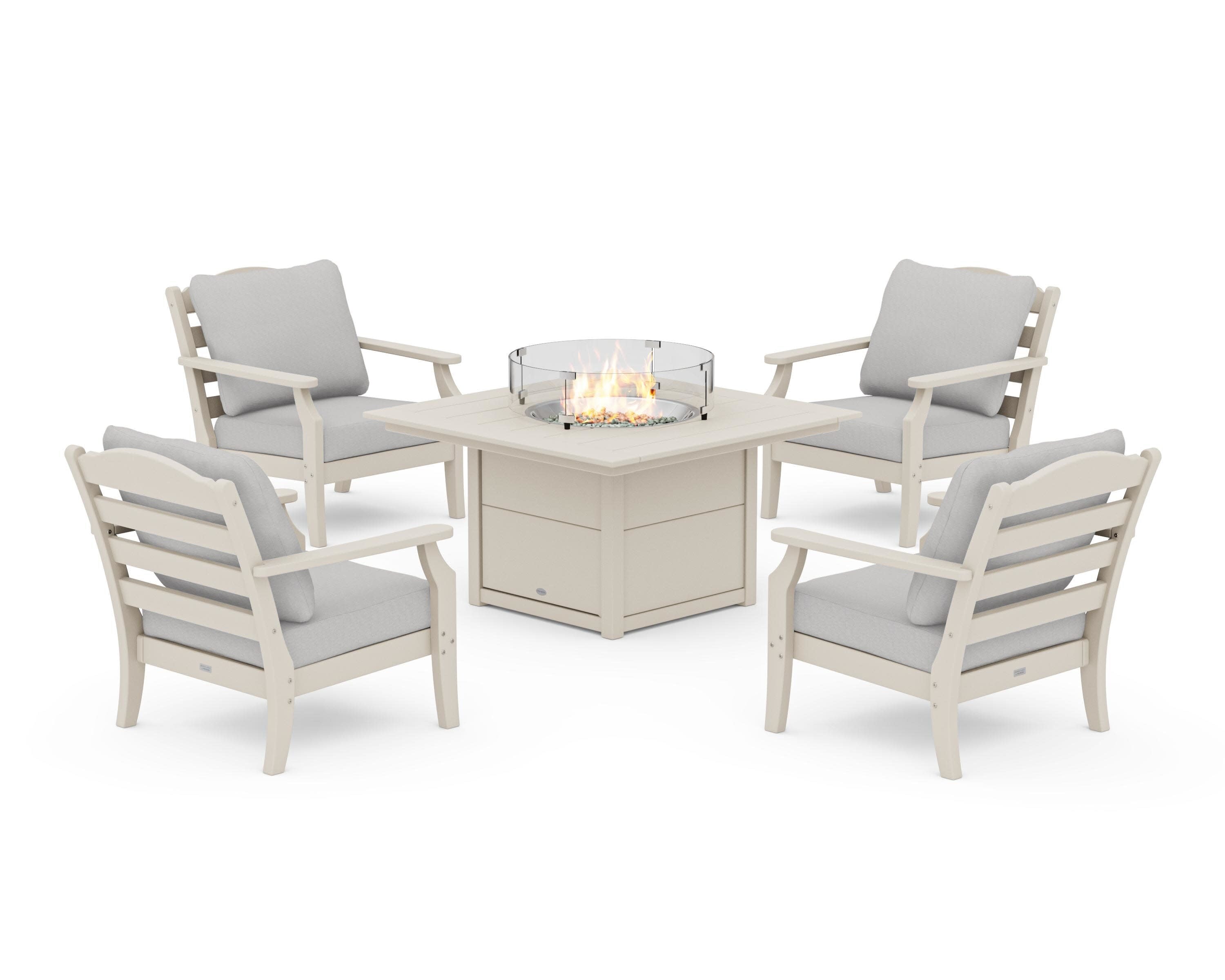 Savannah 5-Piece Deep Seating Set with Fire Pit Table in Sand / Diamond in the Rough