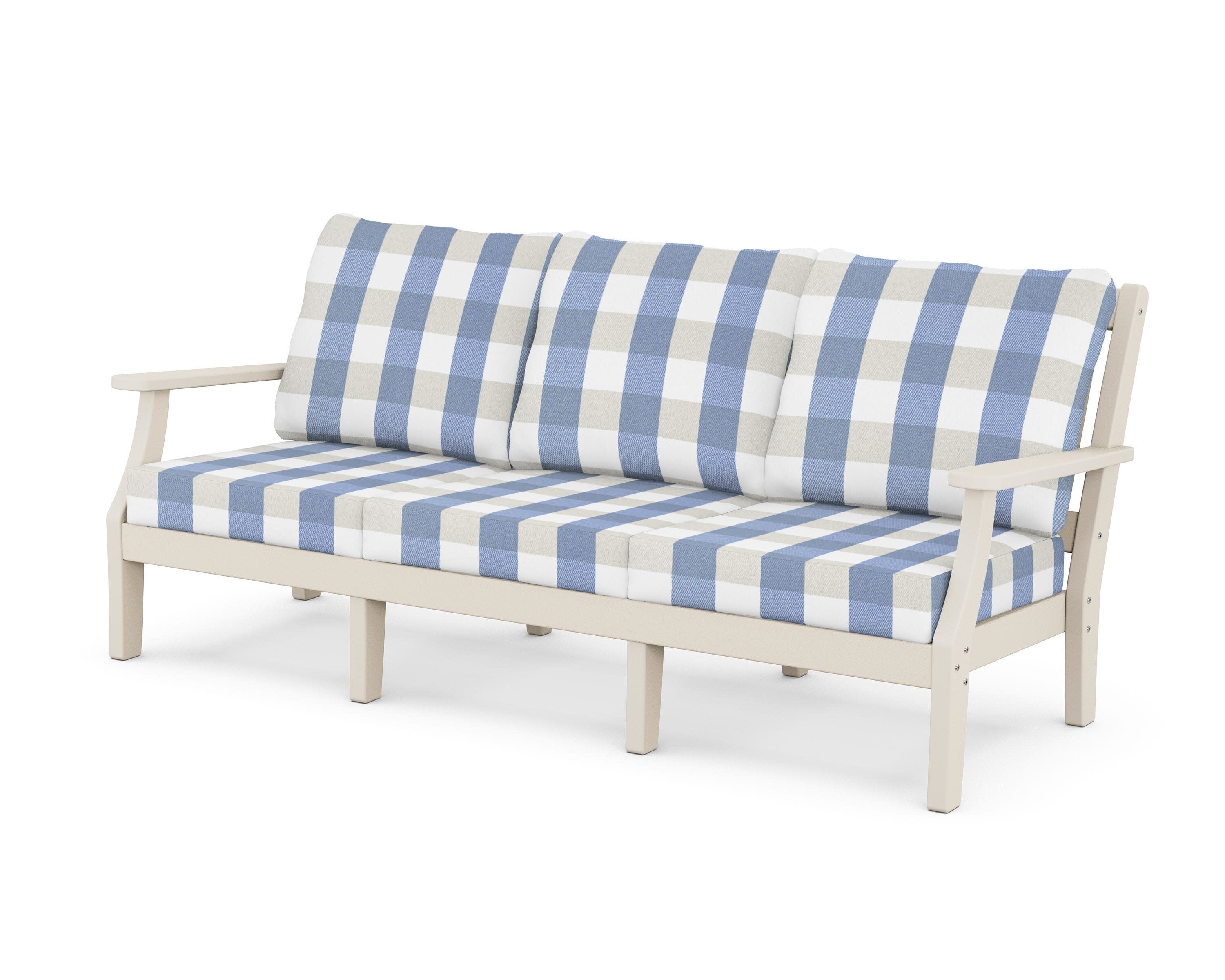 Chinoiserie Deep Seating Sofa in Sand / Buffalo Plaid Sky Blue