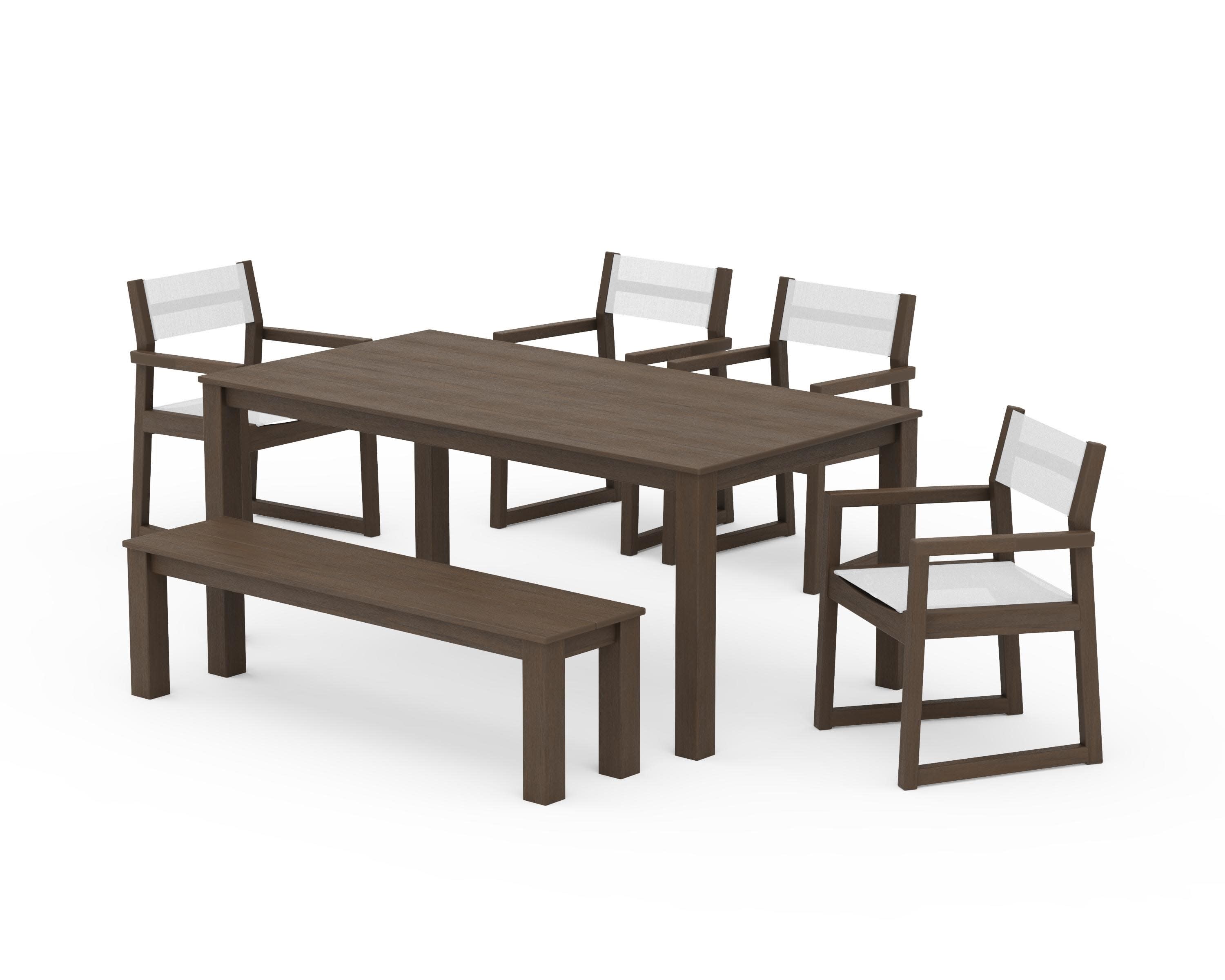 EDGE Sling Arm Chair 6-Piece Parsons Dining Set with Bench in Kona / White Sling