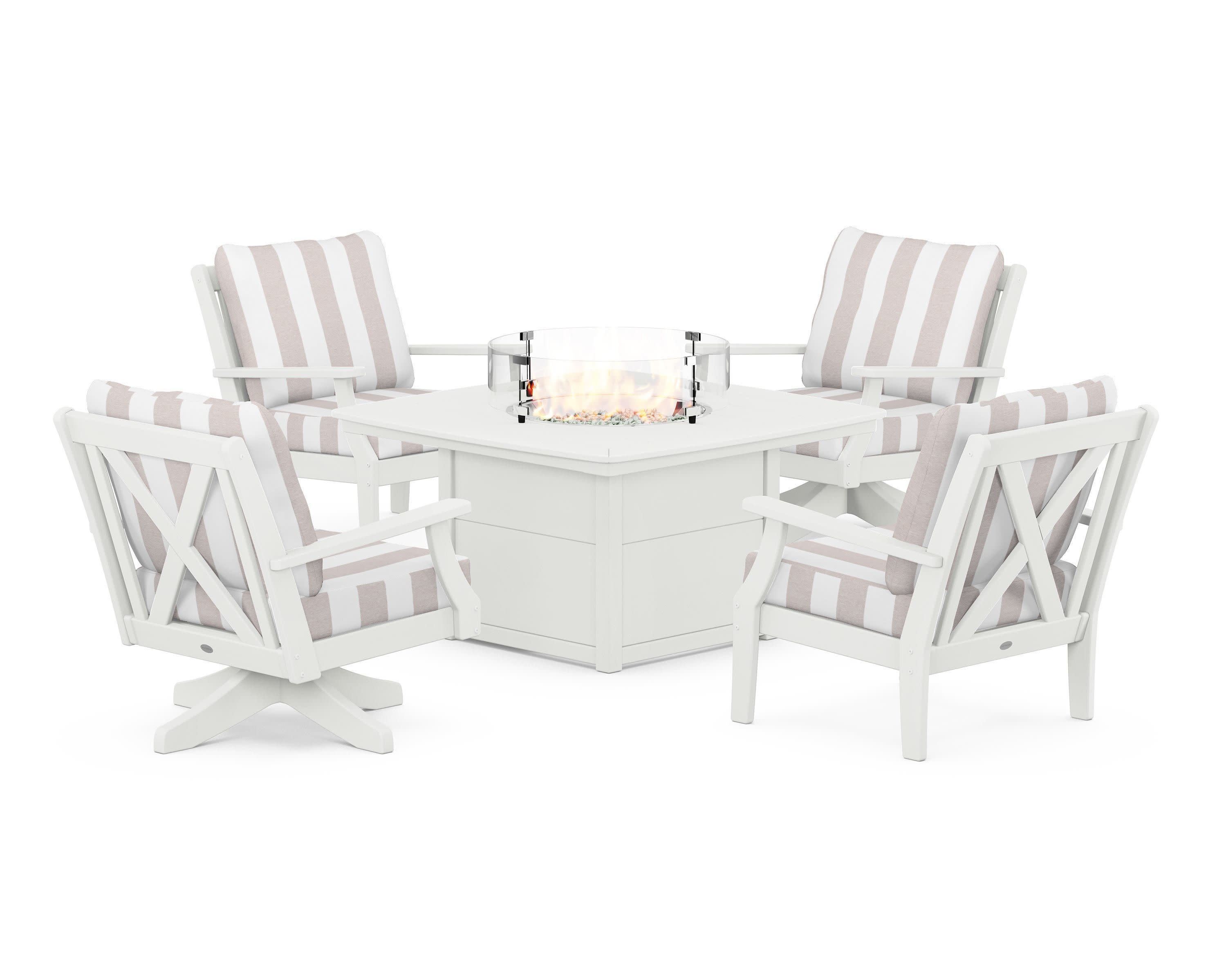 Braxton 5-Piece Deep Seating Set with Fire Table in Vintage White / Cabana Stripe Dune Burlap