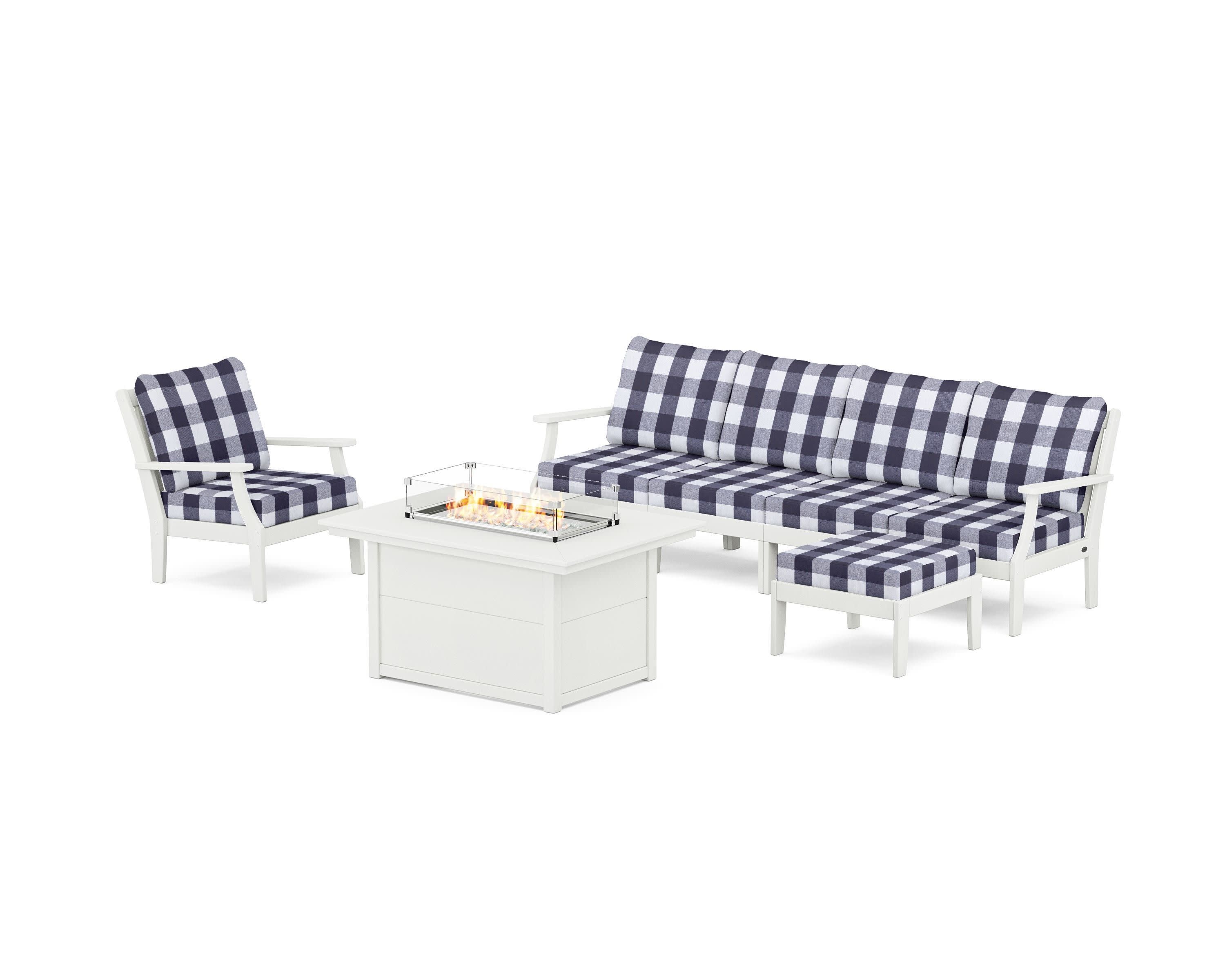 Braxton Sectional Lounge and Fire Pit Set in Vintage White / Buffalo Plaid Navy