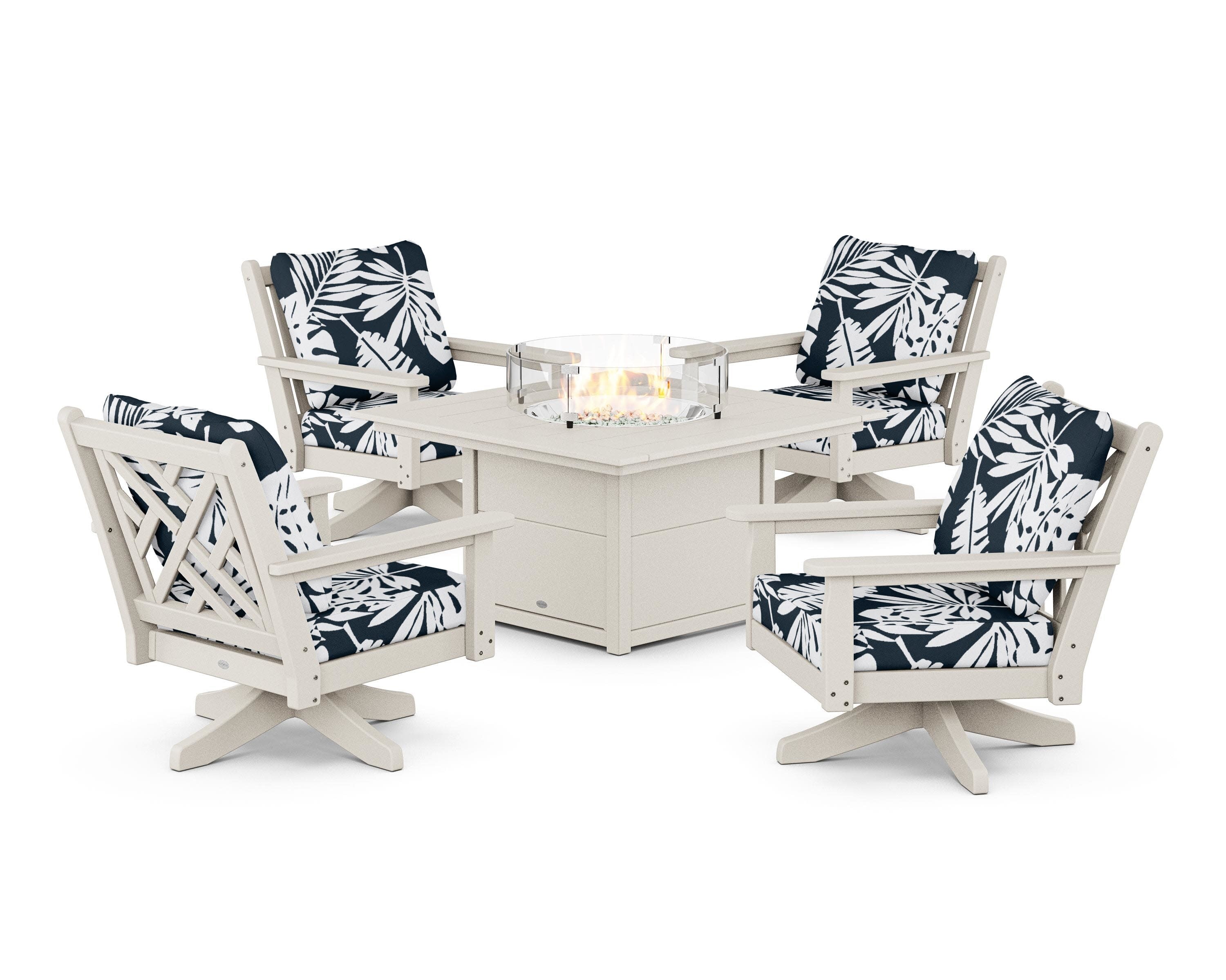 Chippendale 5-Piece Deep Seating Swivel Conversation Set with Fire Pit Table in Sand / Leaf Marine Indigo