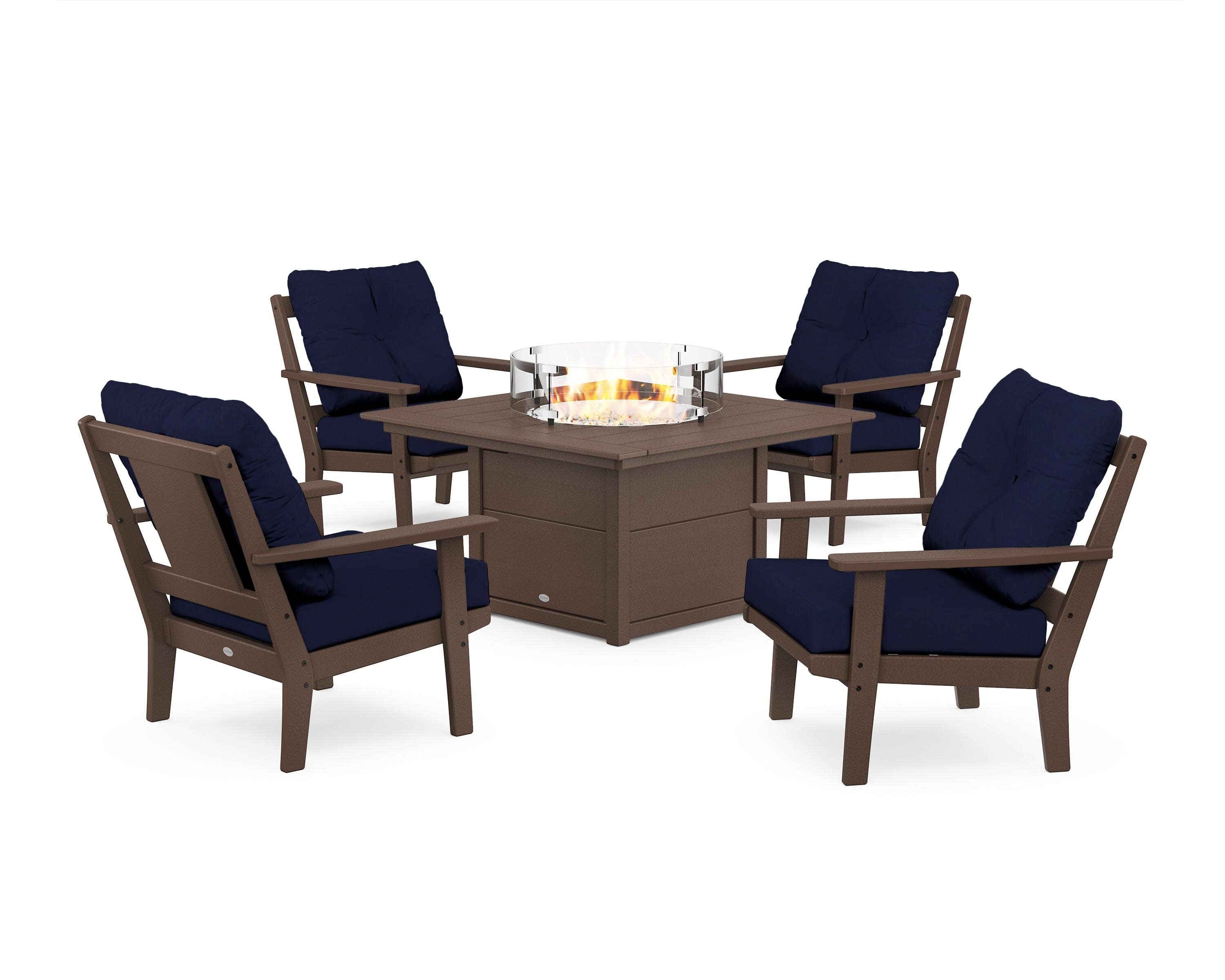 Prairie 5-Piece Deep Seating Set with Fire Pit Table in Mahogany / Navy