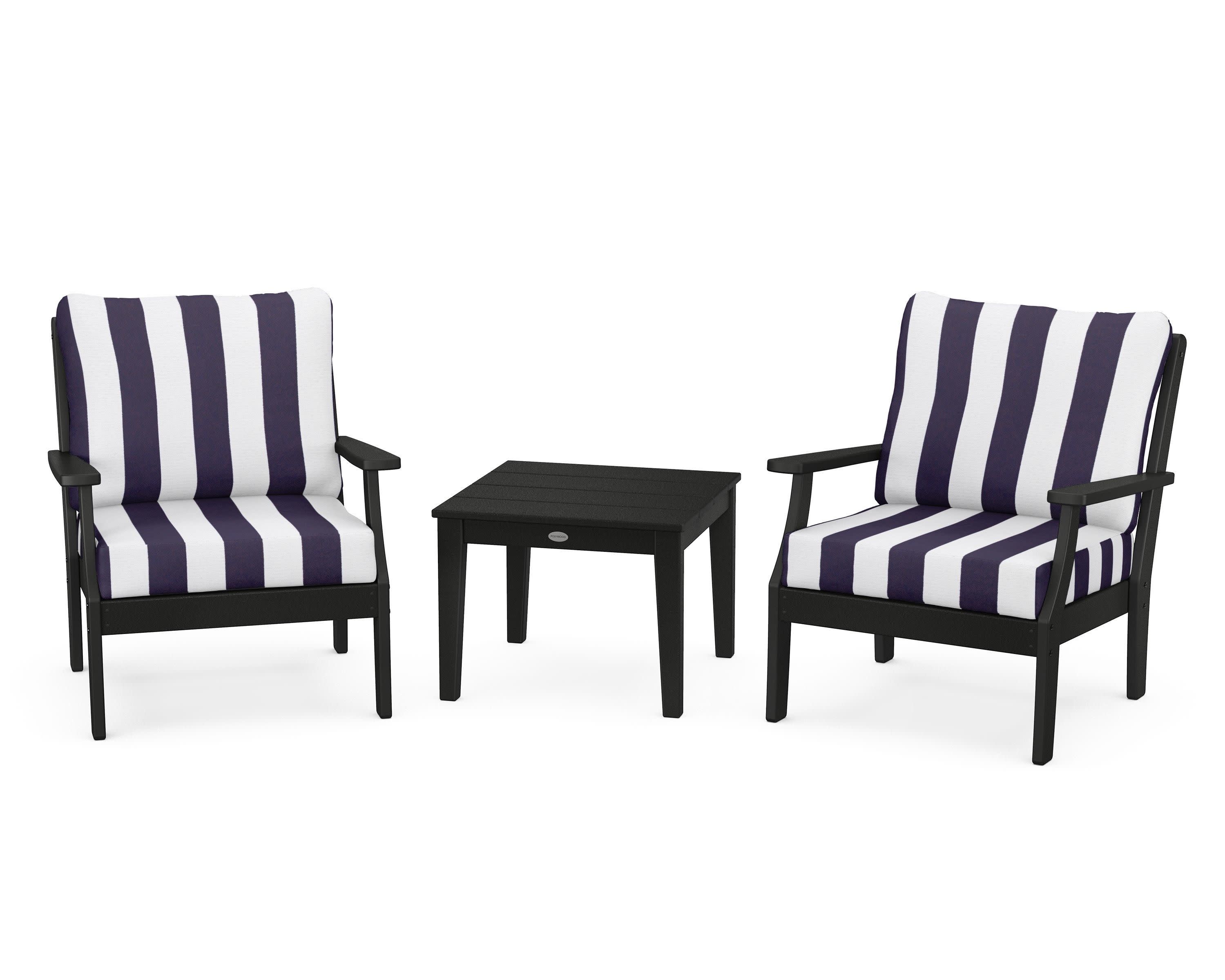 Braxton 3-Piece Deep Seating Set in Black / Cabana Stripe Navy