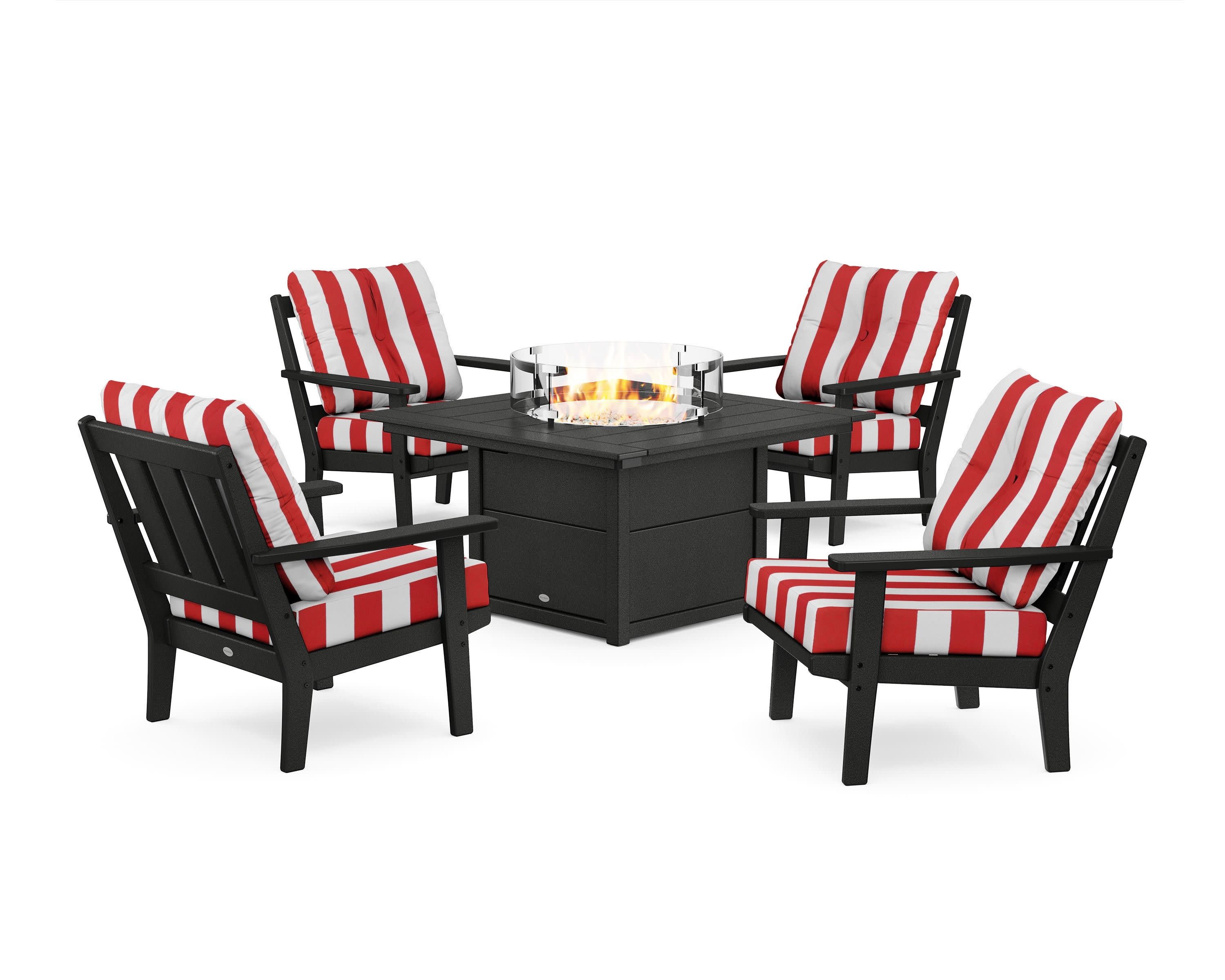 Oxford 5-Piece Deep Seating Set with Fire Pit Table in Black / Cabana Stripe Crimson