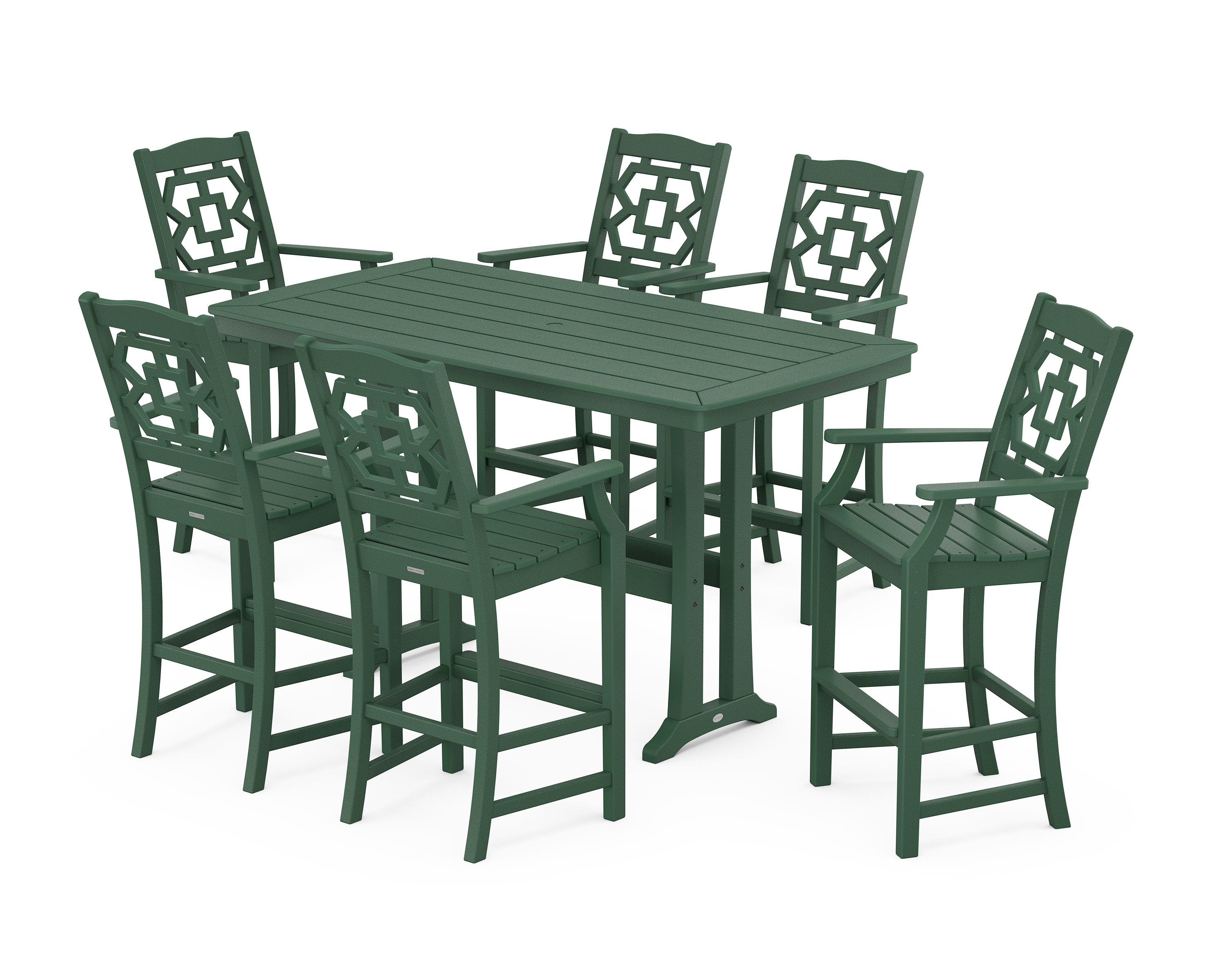 Chinoiserie Arm Chair 7-Piece Bar Set with Trestle Legs in Green