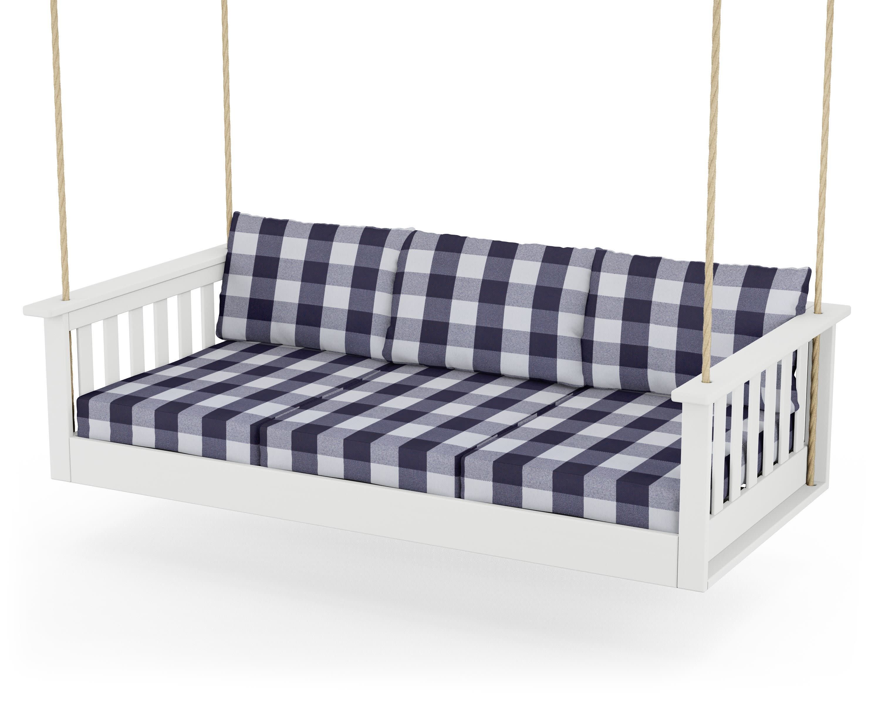 Vineyard Daybed Swing in White / Buffalo Plaid Navy