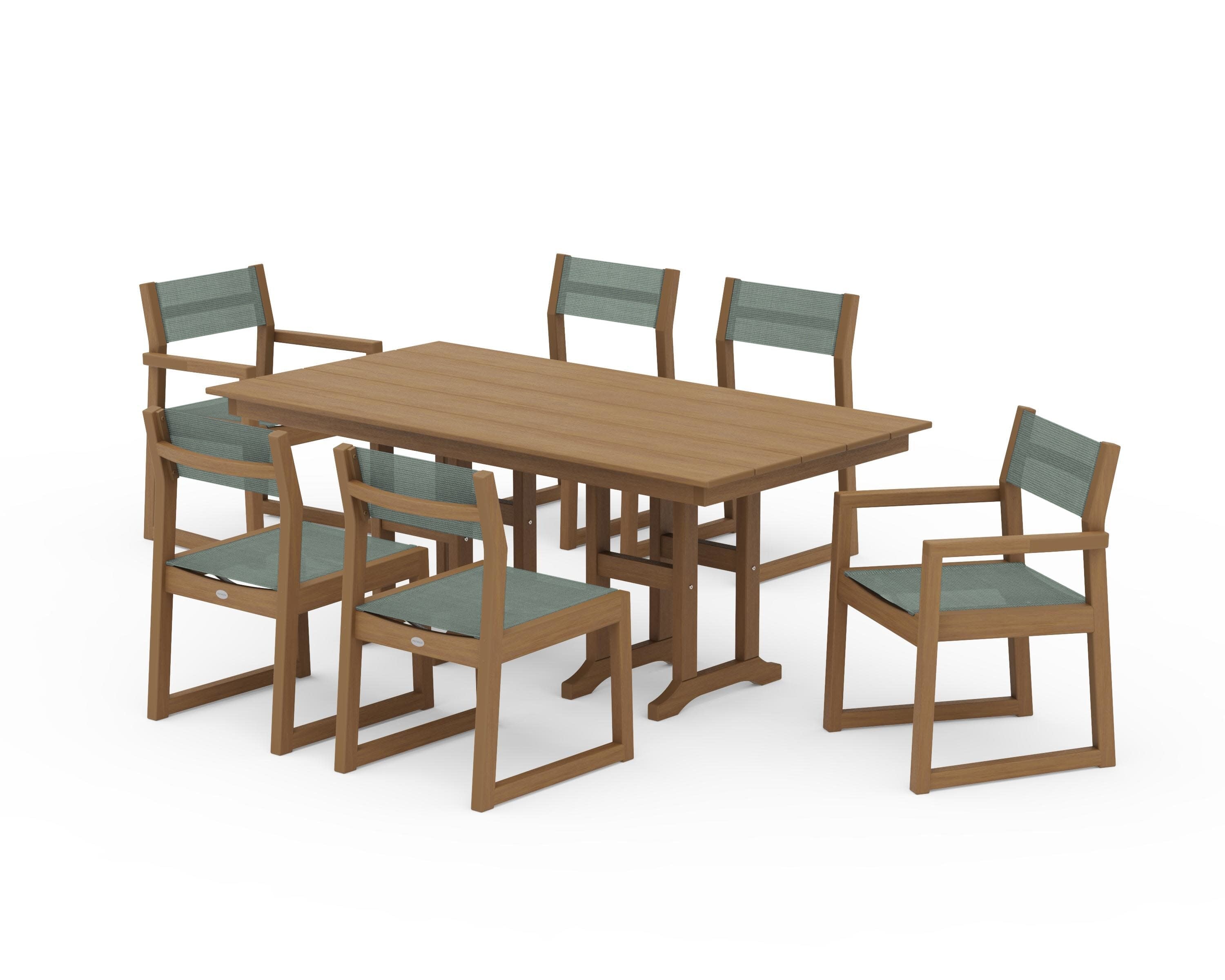 EDGE Sling 7-Piece Farmhouse Dining Set in Natural / Dupioni Sea Mist Sling