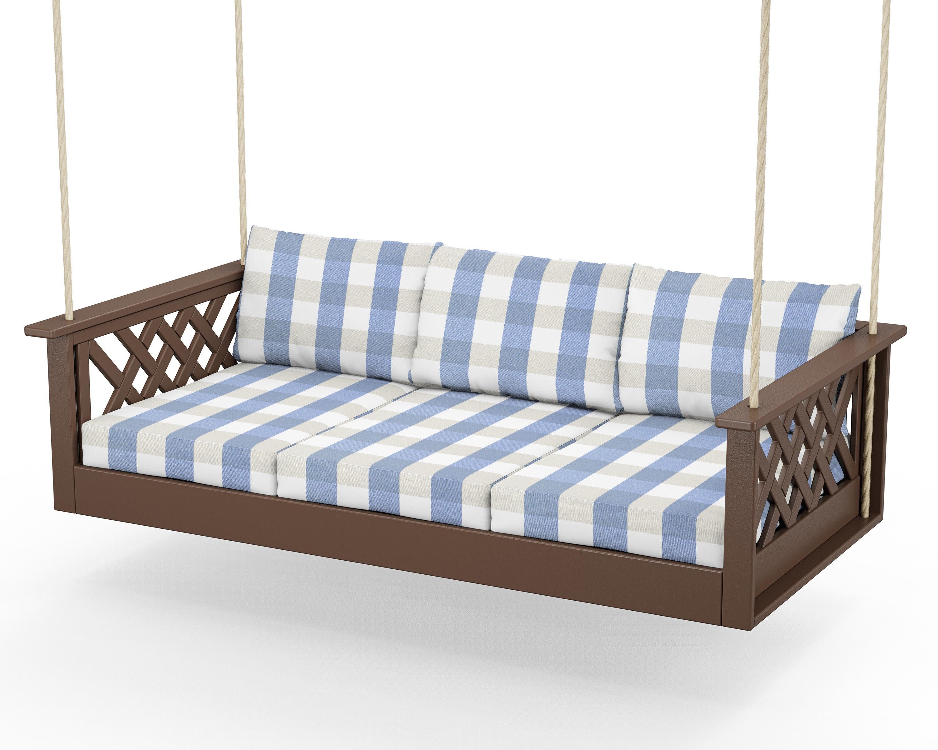 Wovendale Daybed Swing in Mahogany / Buffalo Plaid Sky Blue
