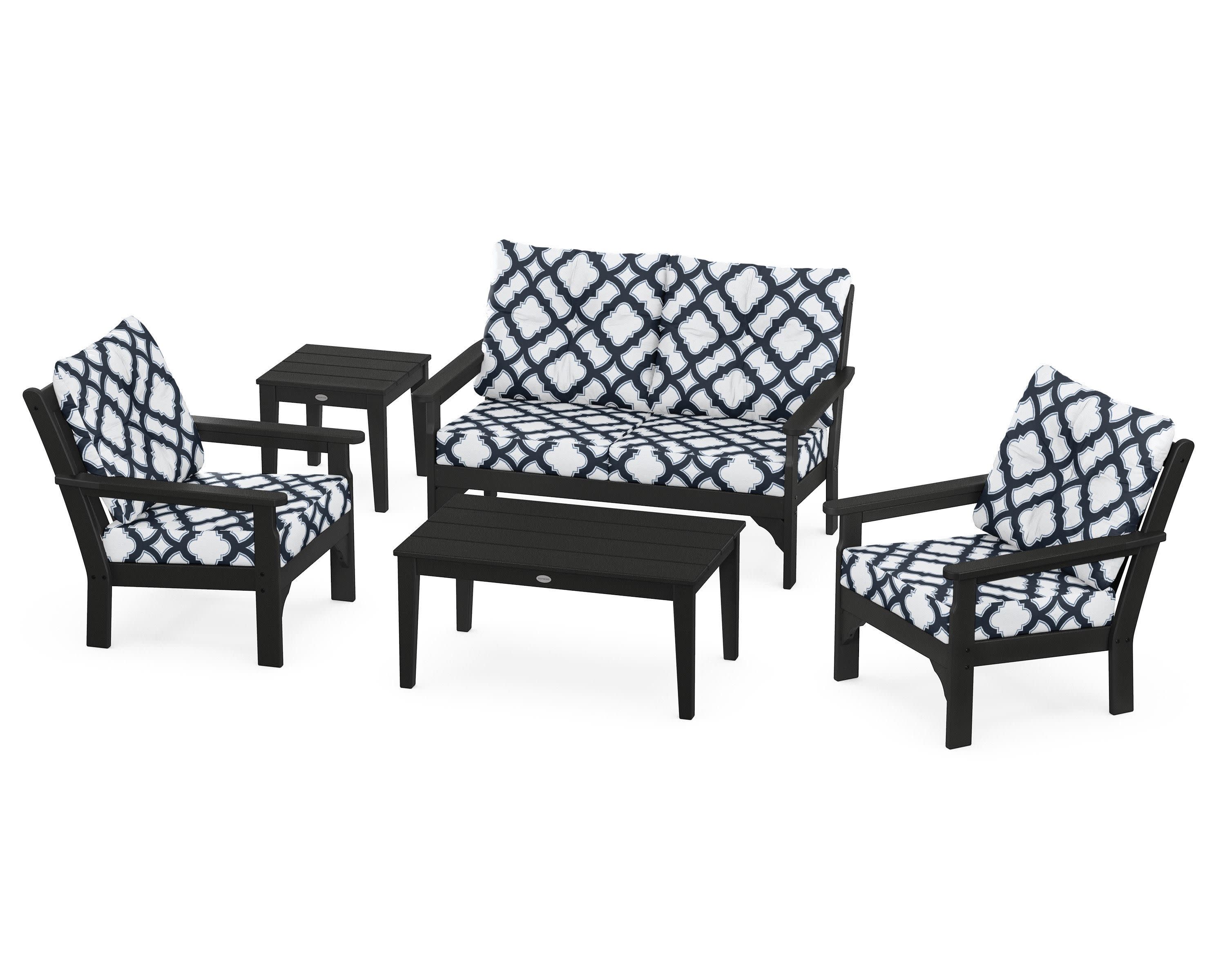 Vineyard 5-Piece Deep Seating Set in Black / Trellis Marine Indigo