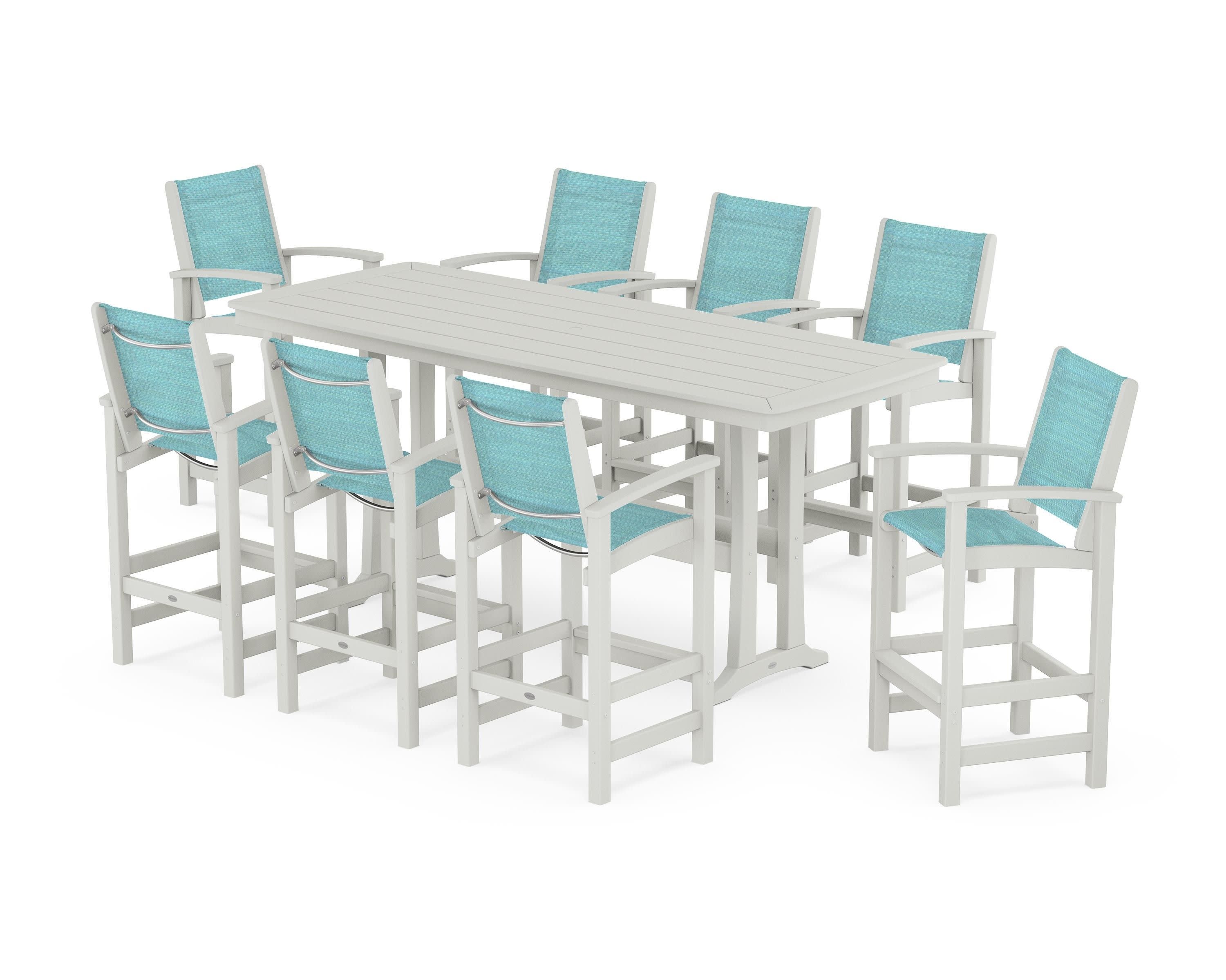 Coastal 9-Piece Bar Set with Trestle Legs in Vintage White / Dupioni Aquamarine Sling
