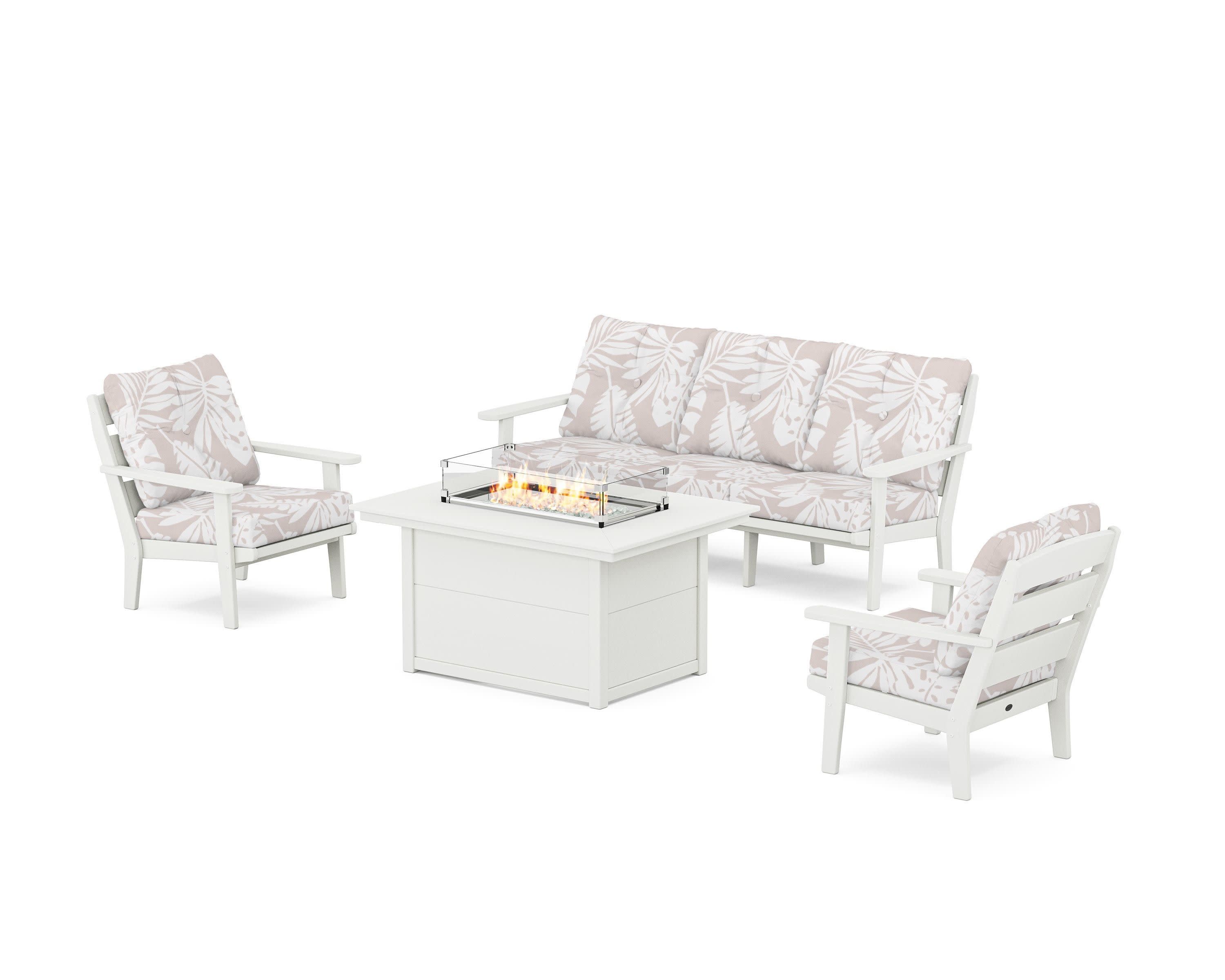 Lakeside Deep Seating Fire Pit Table Set in Vintage White / Leaf Dune Burlap