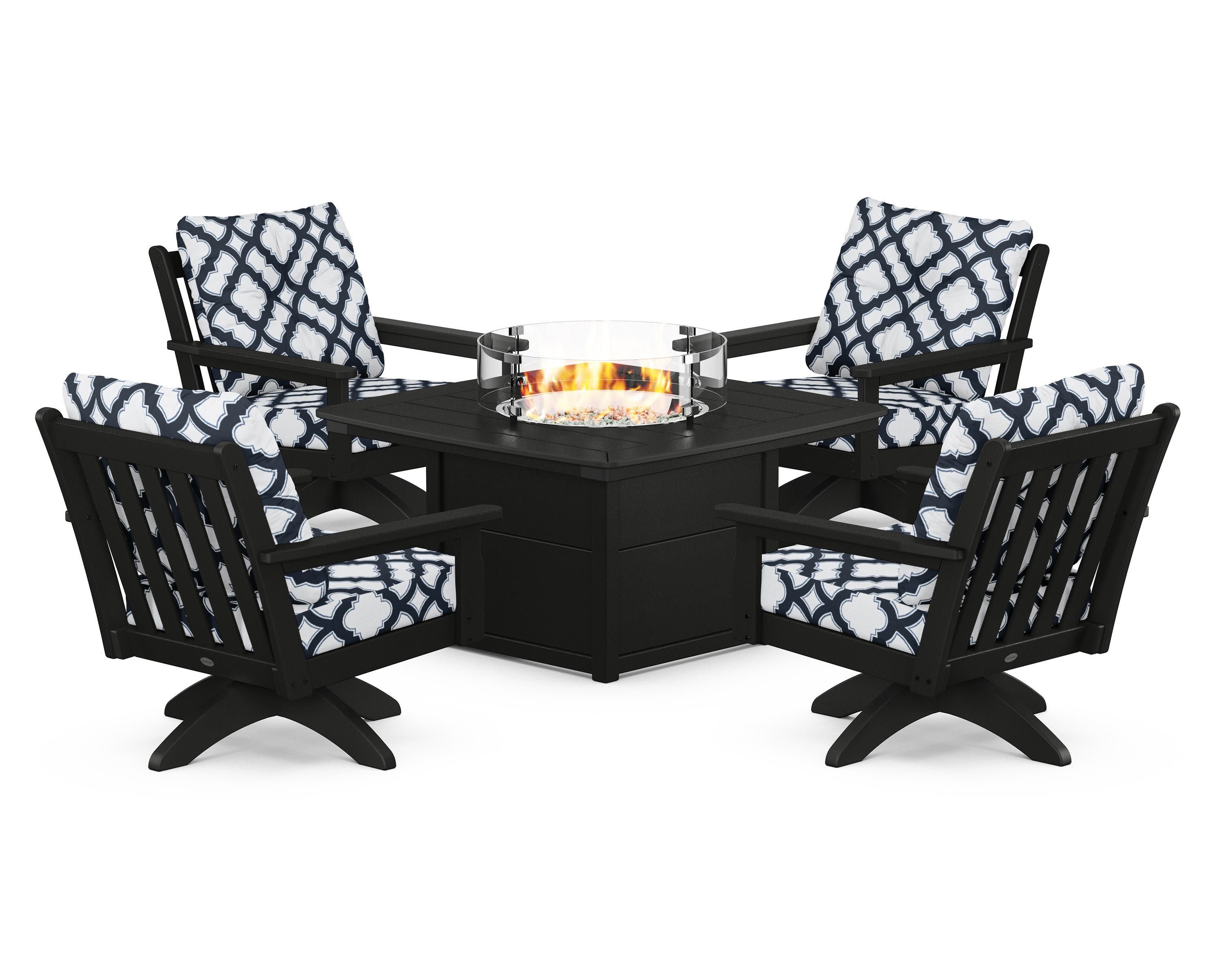 Vineyard 5-Piece Deep Seating Swivel Conversation Set with Fire Pit Table in Black / Trellis Marine Indigo