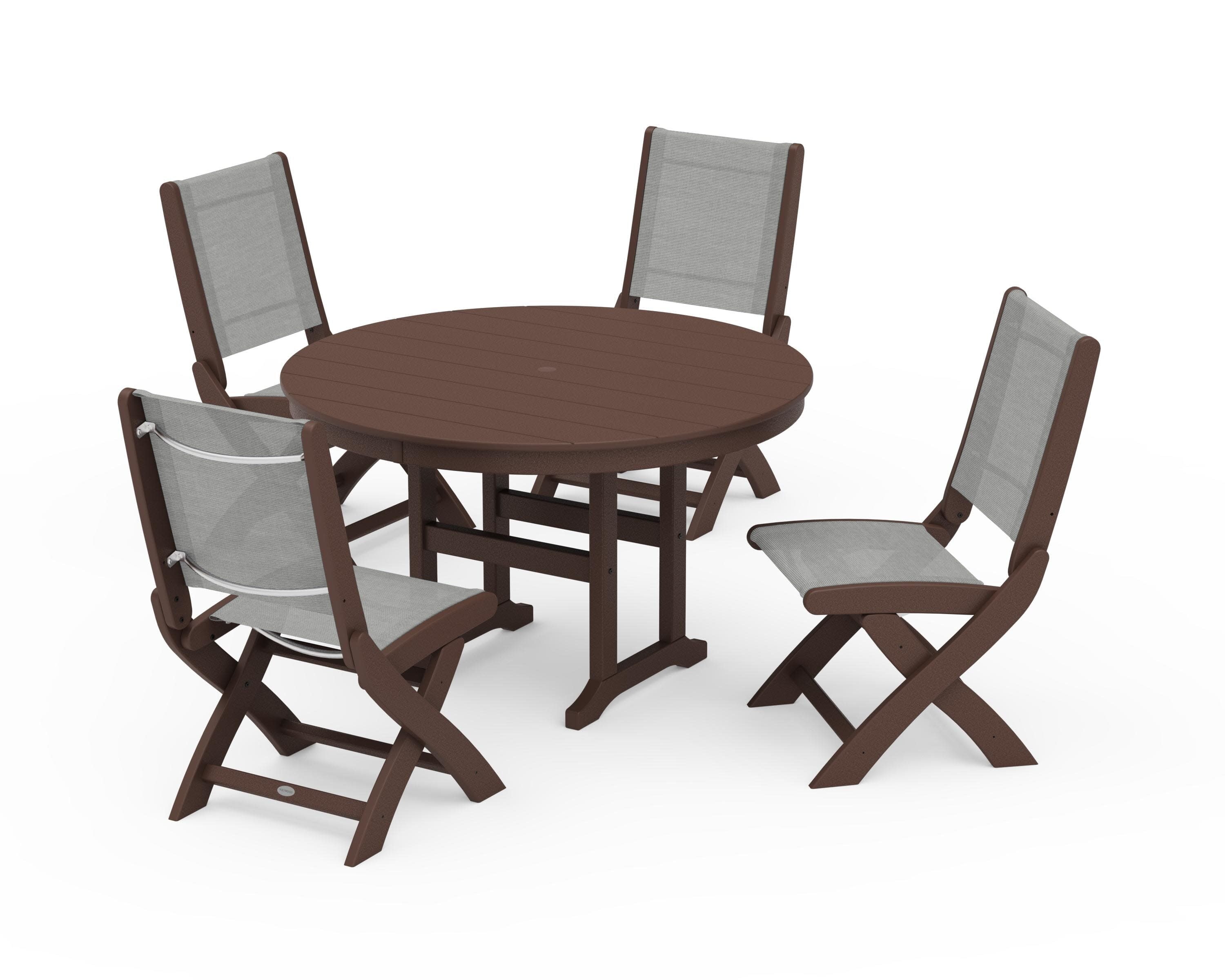 Coastal Folding Side Chair 5-Piece Round Dining Set in Mahogany / Metallic Sling