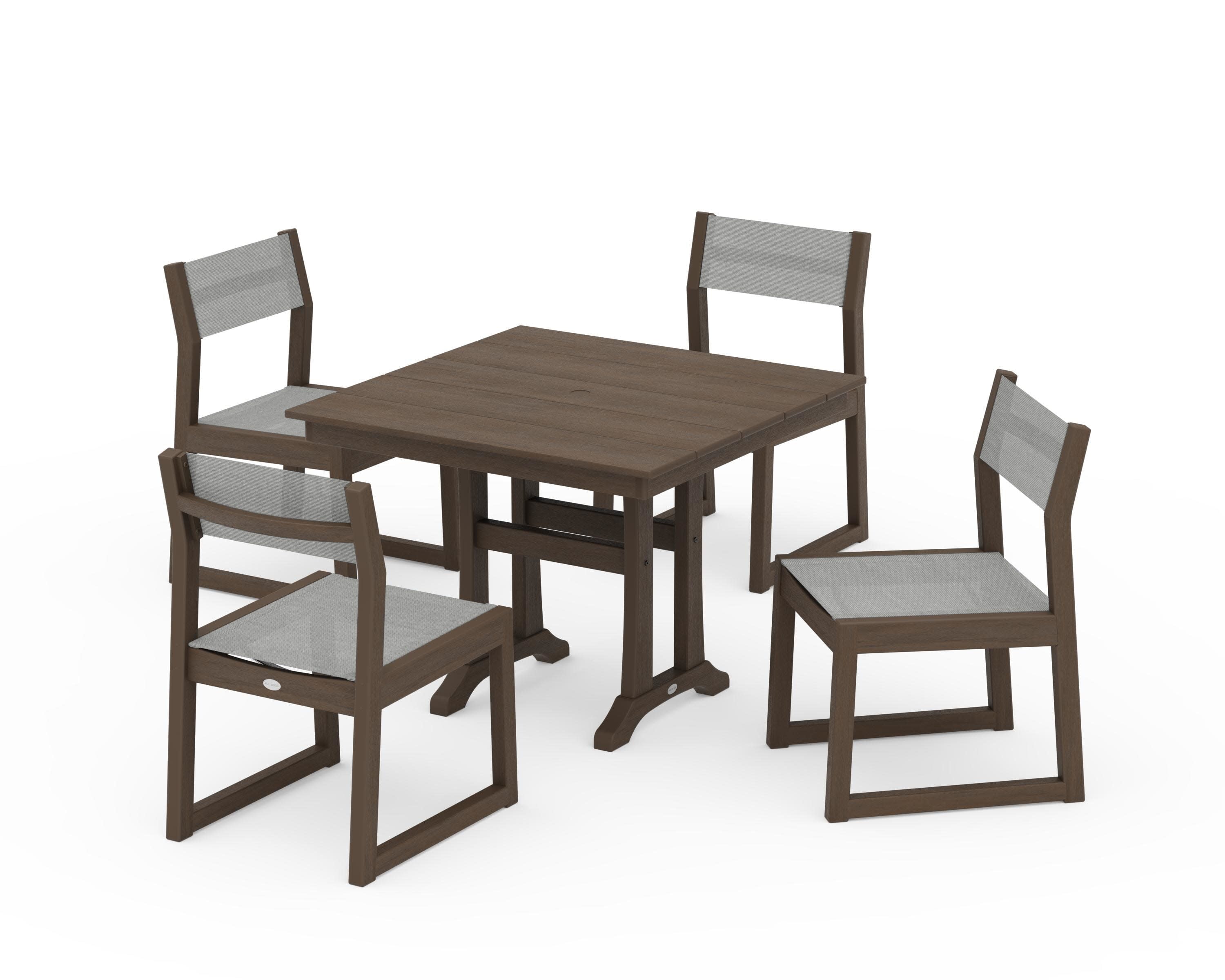 EDGE Sling 5-Piece Farmhouse Trestle Side Chair Dining Set in Kona / Metallic Sling