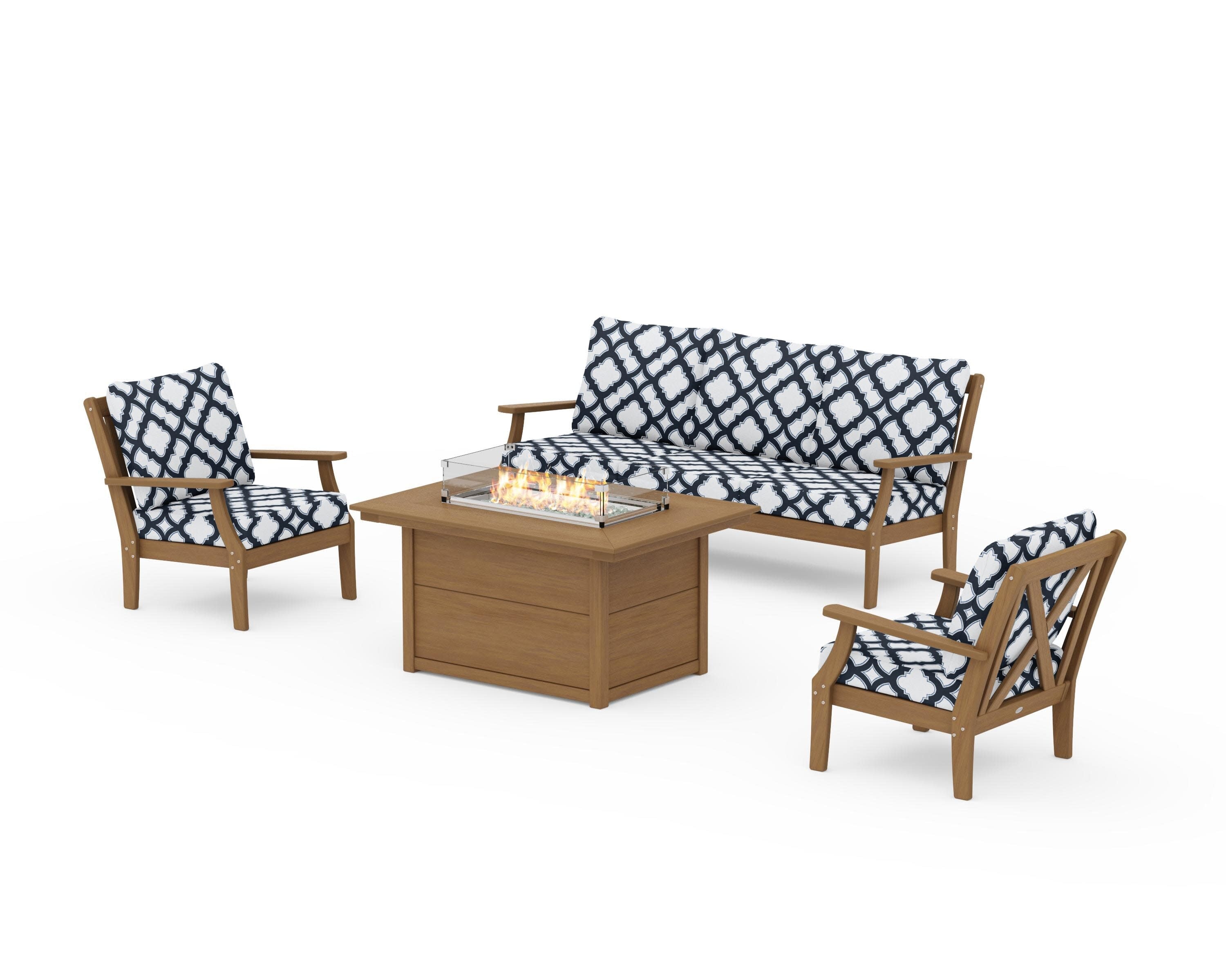 Braxton Deep Seating Fire Pit Table Set in Natural / Trellis Marine Indigo
