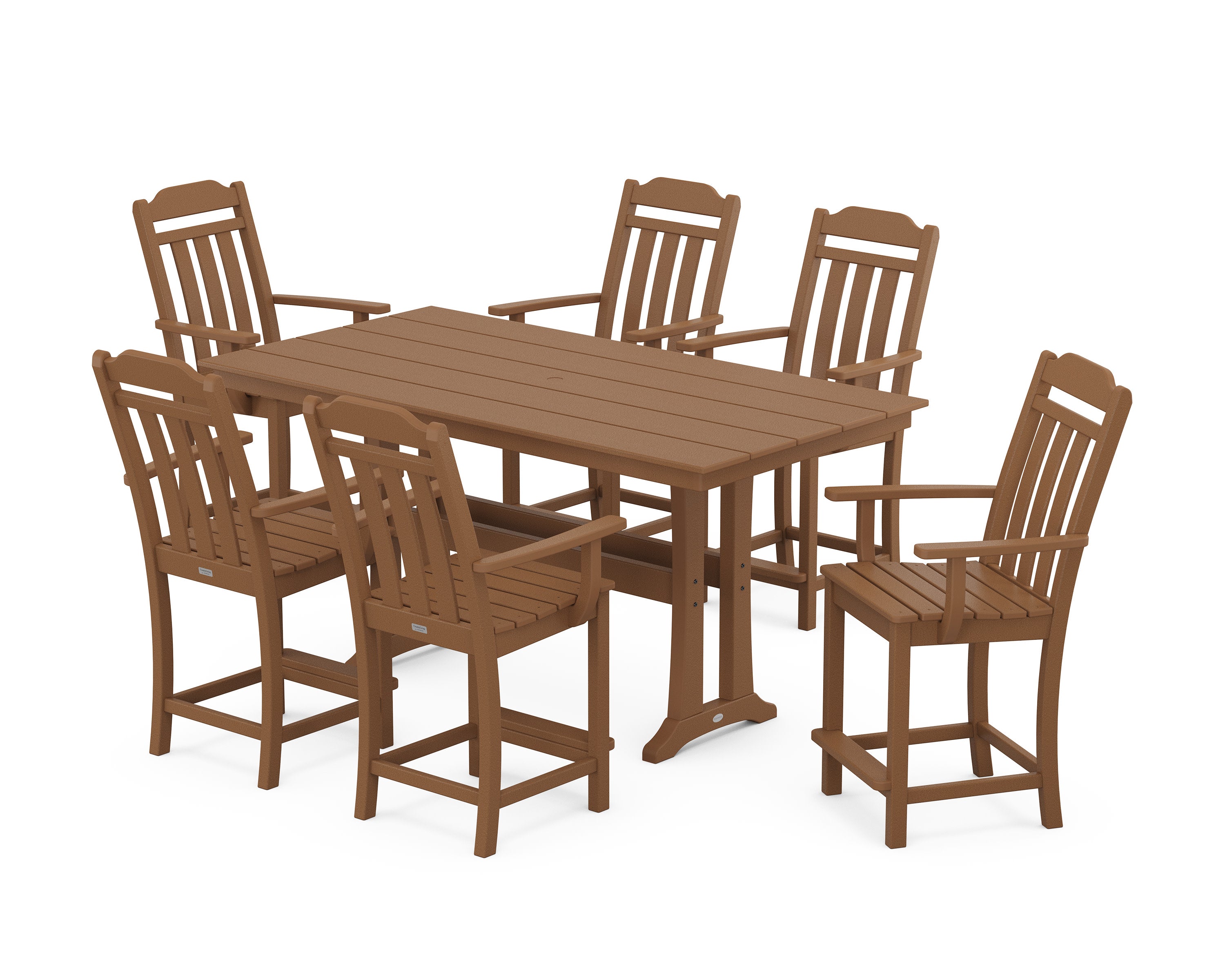 Cottage Arm Chair 7-Piece Farmhouse Counter Set with Trestle Legs in Teak