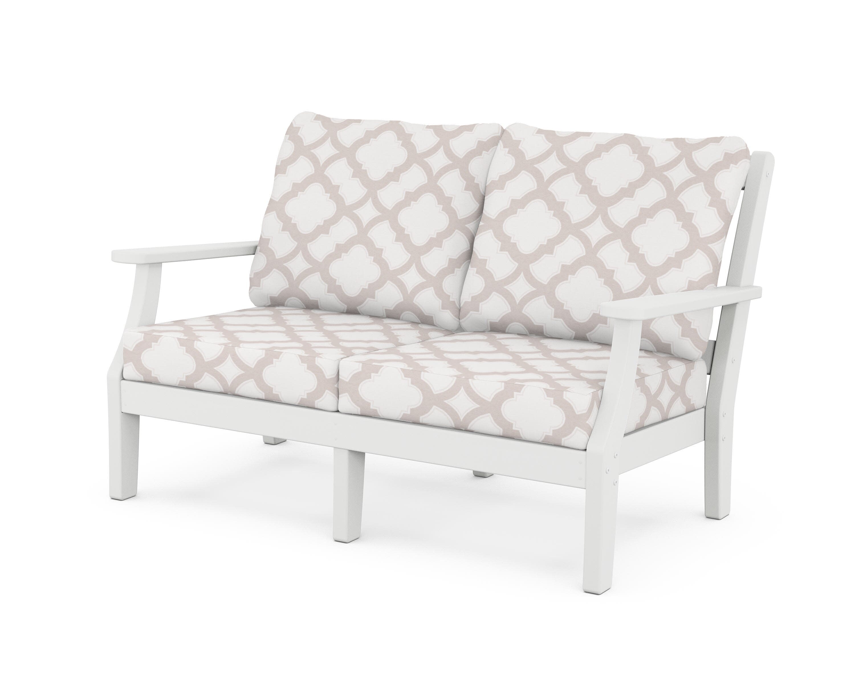 Chinoiserie Deep Seating Loveseat in White / Trellis Dune Burlap