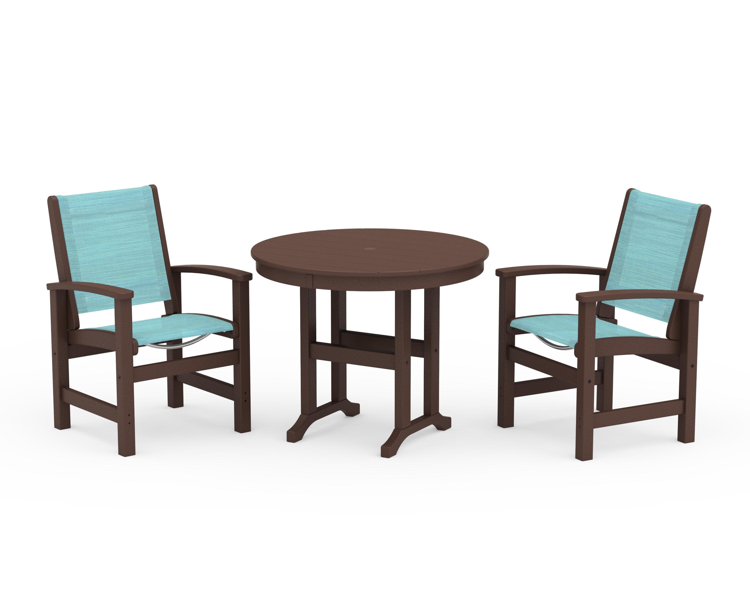 Coastal 3-Piece Round Dining Set in Mahogany / Dupioni Aquamarine Sling