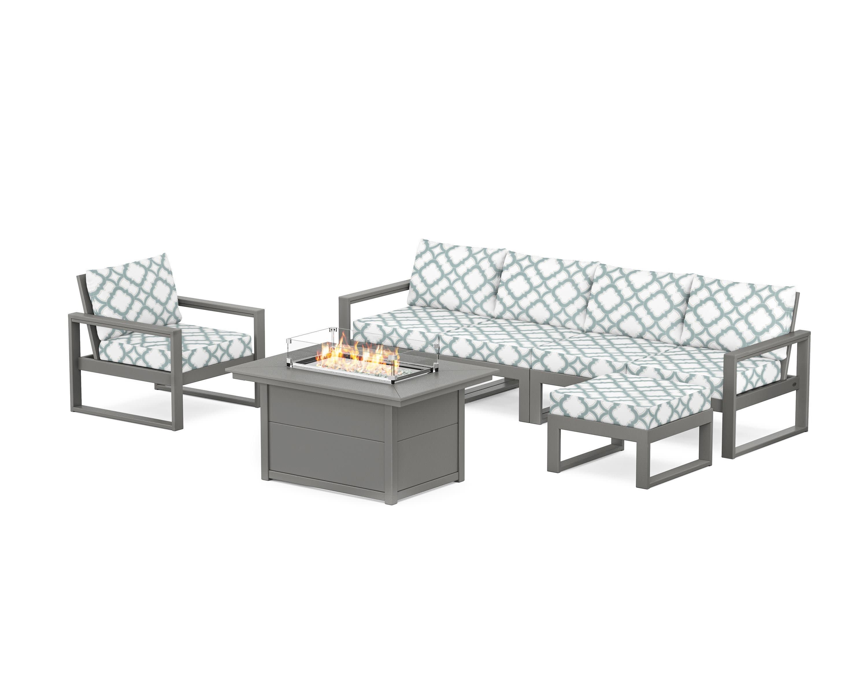 EDGE Sectional Lounge and Fire Pit Set in Slate Grey / Trellis Glacier Spa