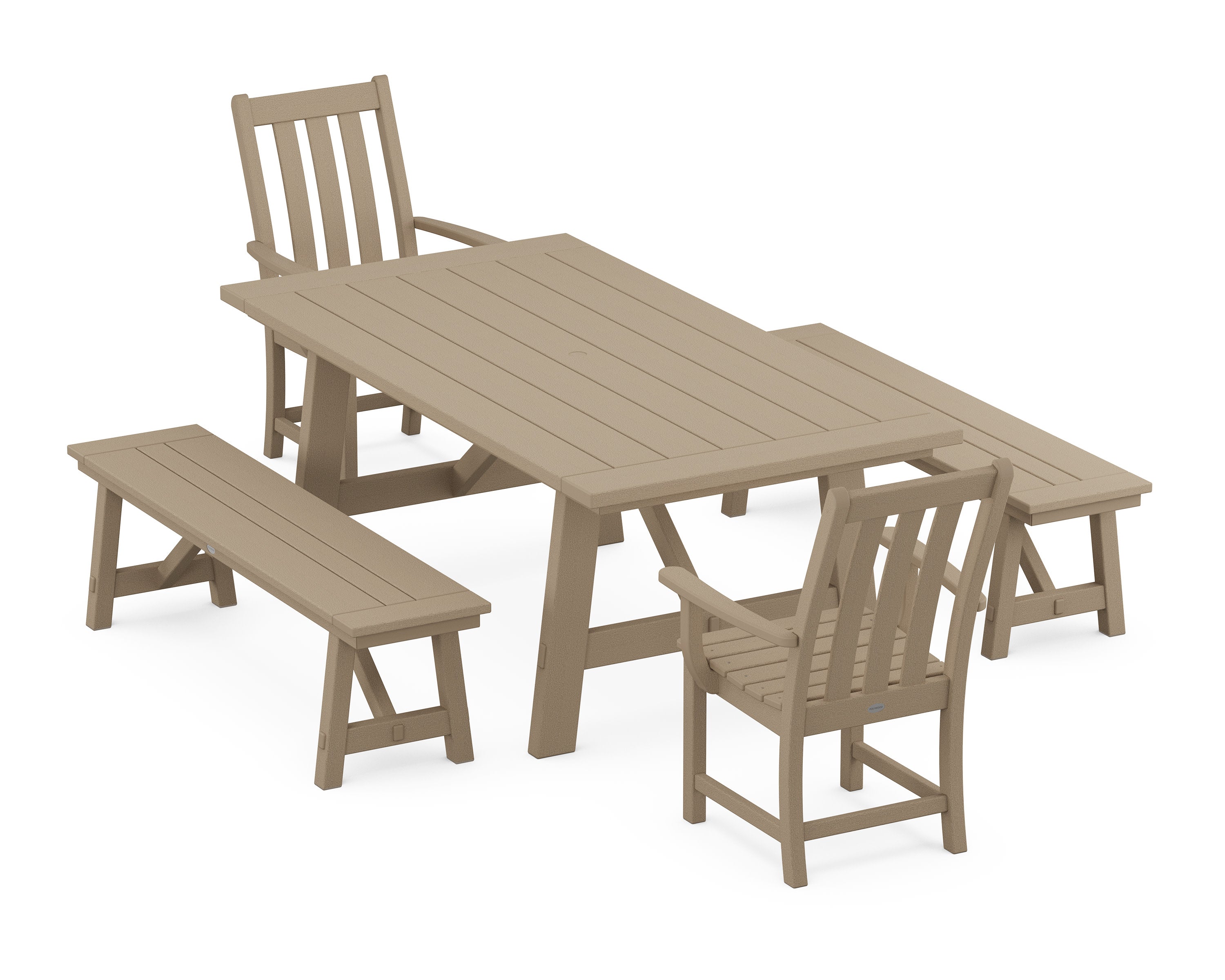 Vineyard 5-Piece Rustic Farmhouse Dining Set With Benches in Vintage Sahara