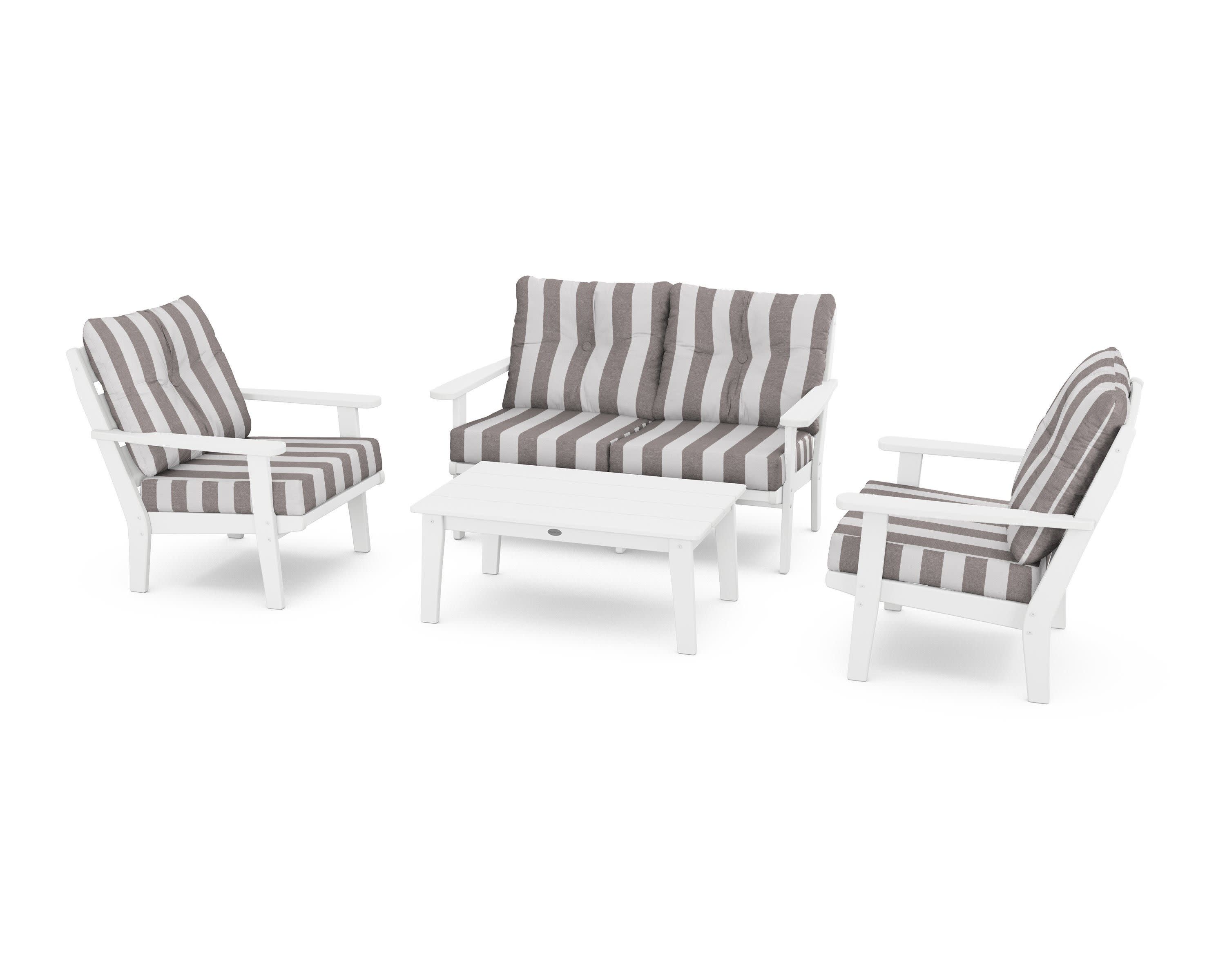 Lakeside 4-Piece Deep Seating Set in White / Cabana Stripe Grey Mist