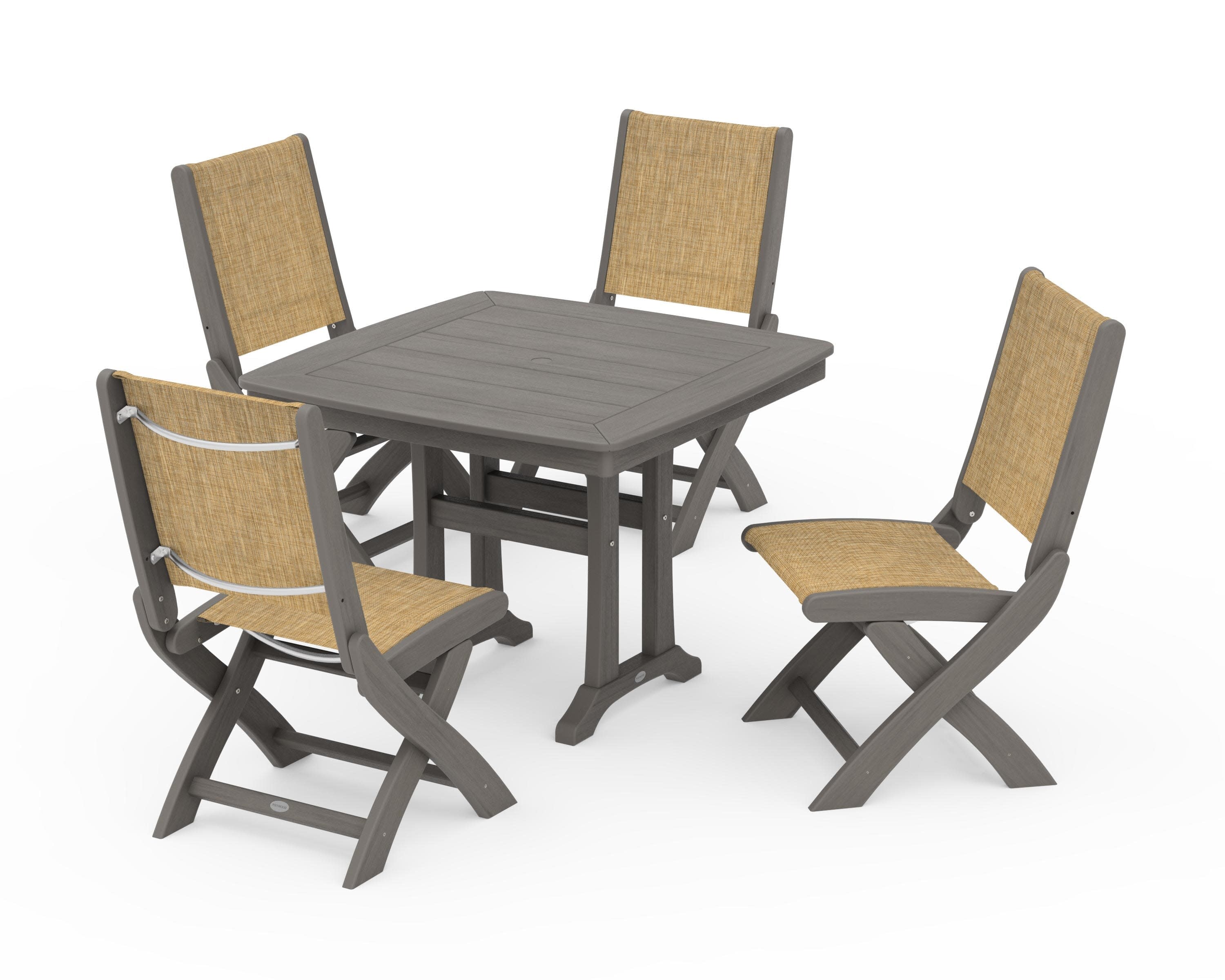 Coastal Folding Side Chair 5-Piece Dining Set with Trestle Legs in Driftwood / Burlap Sling