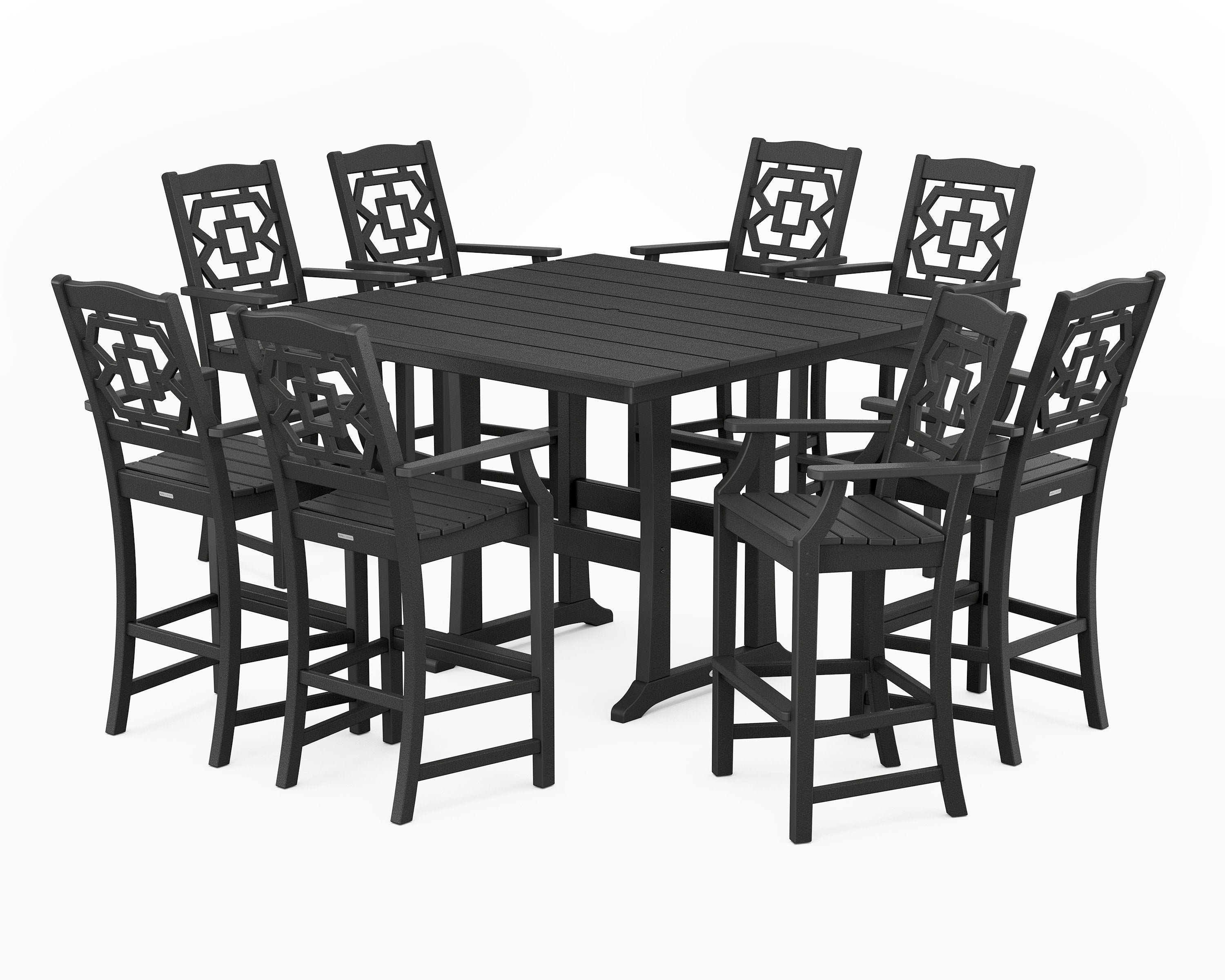 Chinoiserie 9-Piece Square Farmhouse Bar Set with Trestle Legs in Black