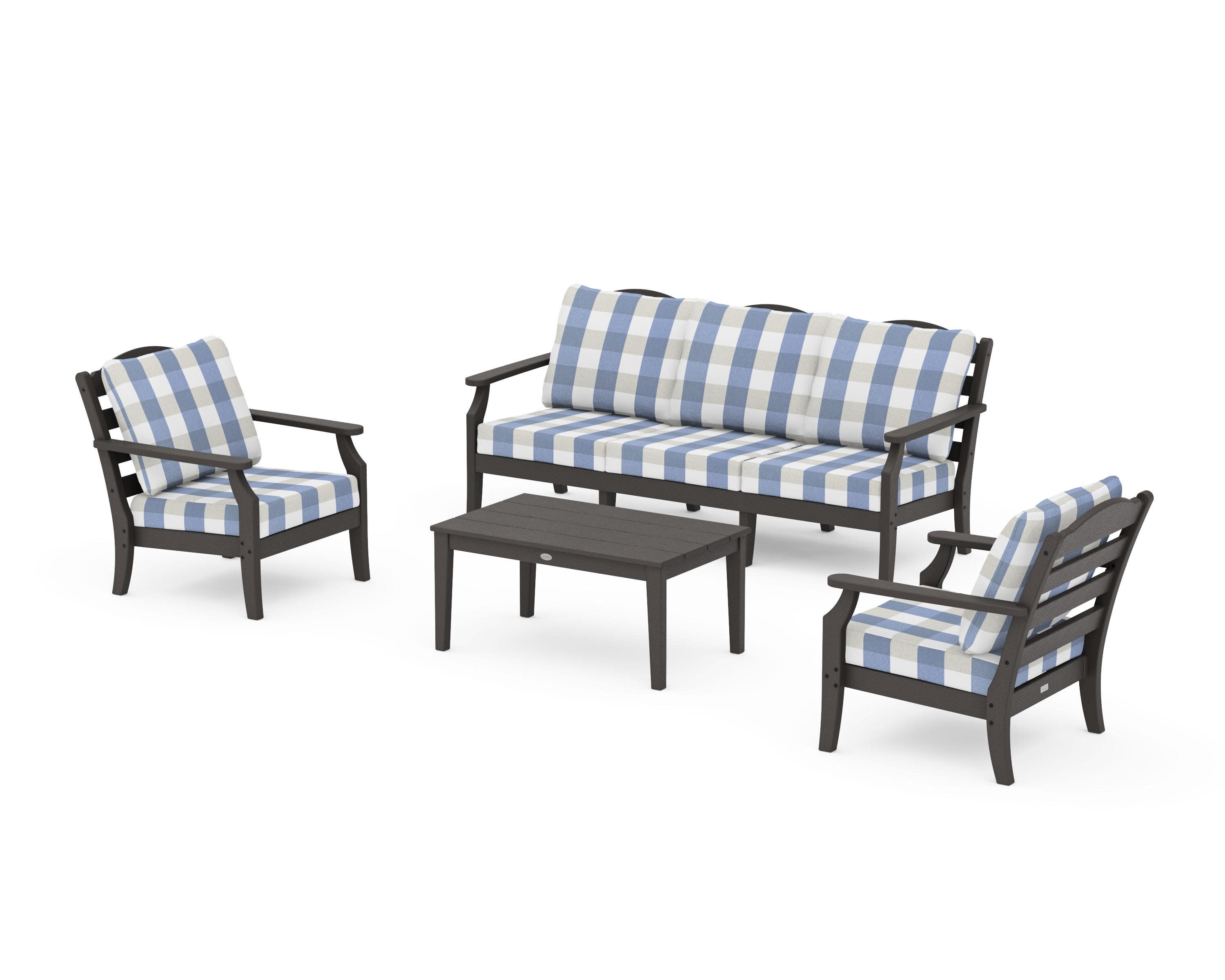 Savannah 4-Piece Deep Seating Set with Sofa in Vintage Coffee / Buffalo Plaid Sky Blue