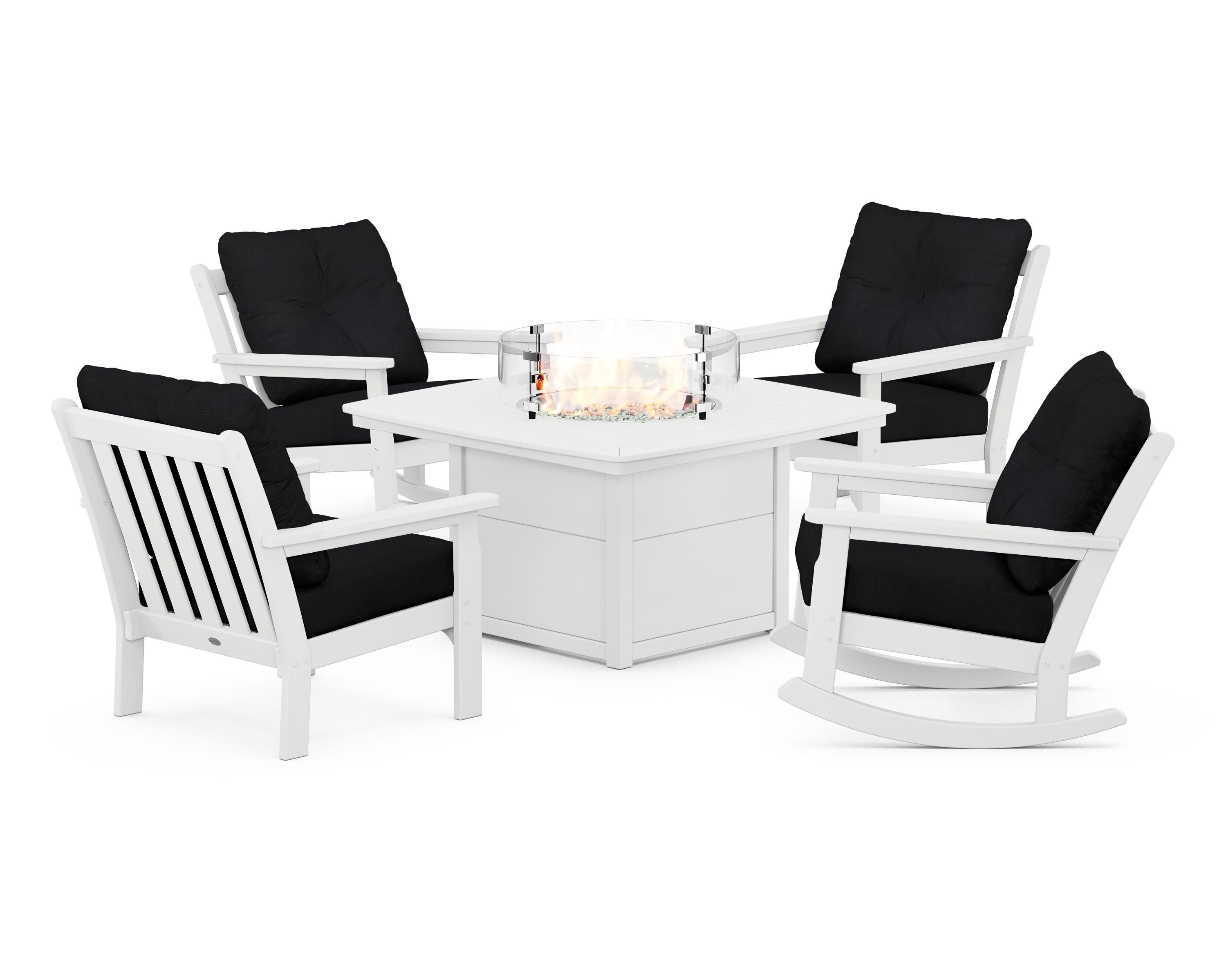 Vineyard 5-Piece Deep Seating Rocking Chair Conversation Set with Fire Pit Table in White / Midnight Linen