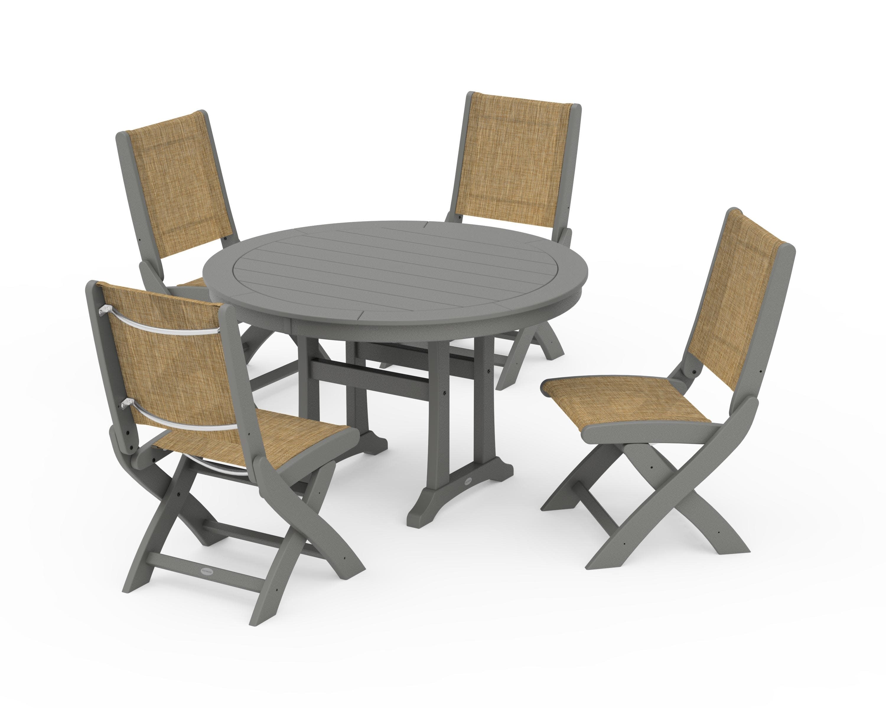 Coastal Folding Side Chair 5-Piece Round Dining Set With Trestle Legs in Slate Grey / Burlap Sling